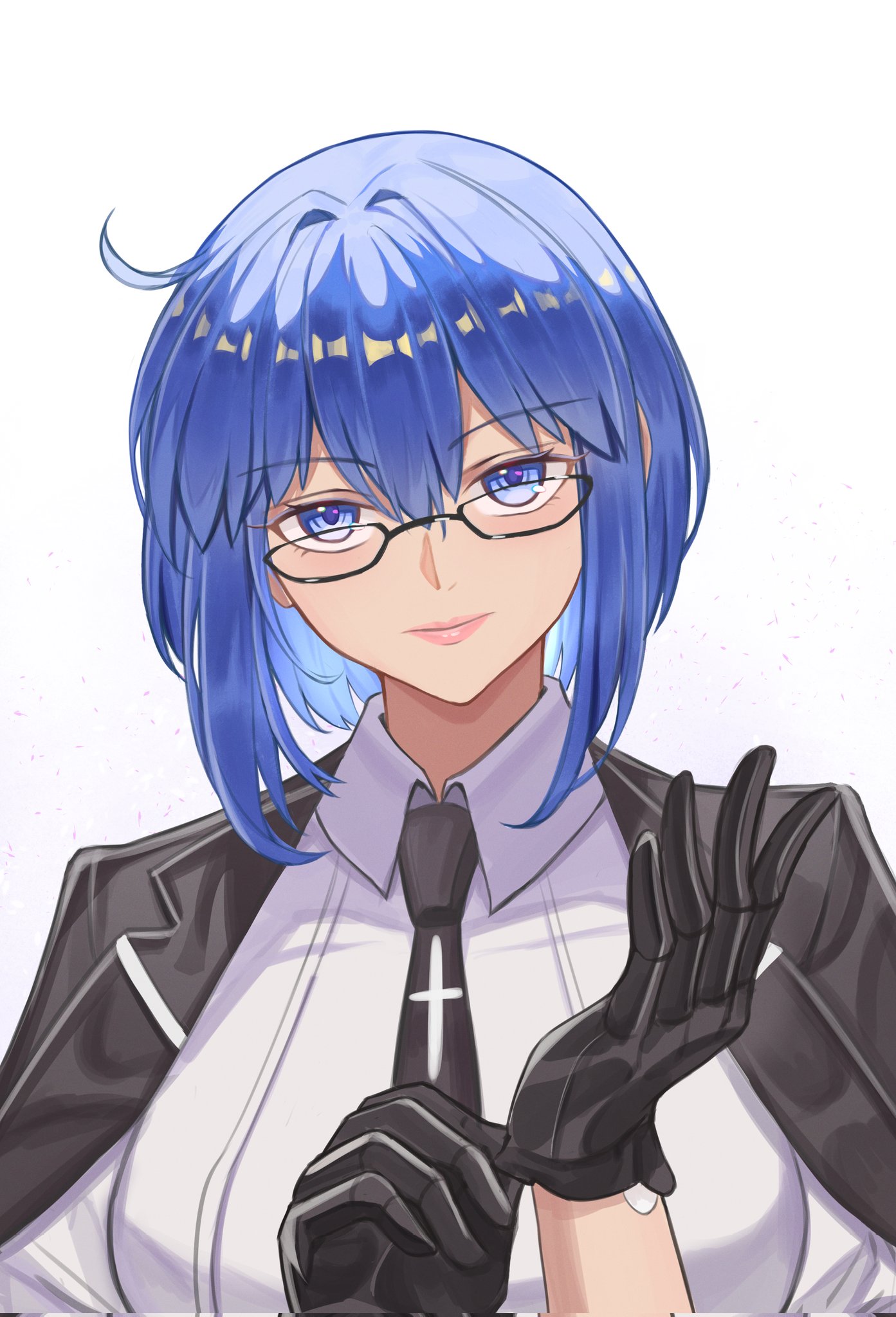 kaworu13, ciel (tsukihime), fate/grand order, fate (series), tsukihime, tsukihime (remake), highres, 1girl, black gloves, black jacket, blue eyes, blue hair, breasts, glasses, gloves, jacket, jacket on shoulders, large breasts, medium hair, pink lips, shirt, simple background, solo, upper body, white background, white shirt