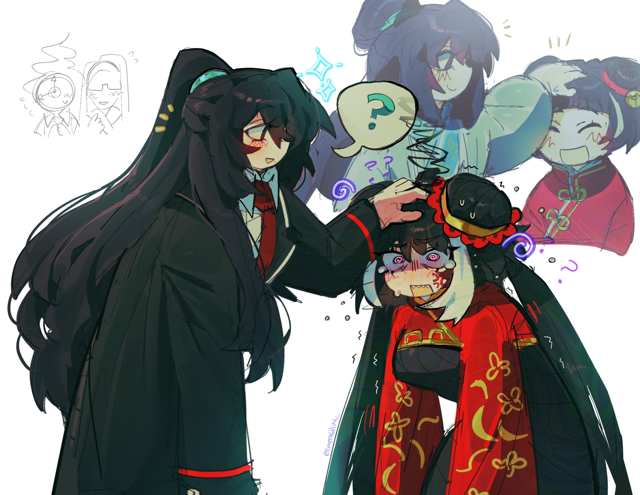 emerald kitty, dante (limbus company), hong lu (project moon), jia xichun (project moon), limbus company, project moon, highres, 1boy, 1girl, 1other, ?, @ @, anger vein, black coat, black dress, black eyes, black hair, breasts, chinese clothes, coat, collared shirt, double bun, dress, hair bun, headpat, high ponytail, long hair, long sleeves, looking at another, looking at viewer, multicolored hair, necktie, open mouth, pink eyes, ponytail, red necktie, red shrug, remembering, shirt, siblings, simple background, standing, streaked hair, tearing up, twintails, upper body, wei (project moon), white background, white shirt
