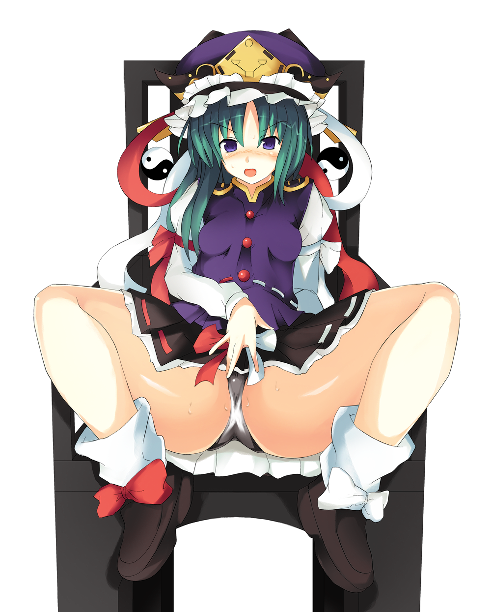 usugiri bacon, shiki eiki, touhou, bad id, bad pixiv id, highres, 1girl, blush, female focus, full body, green hair, hat, panties, purple eyes, short hair, sitting, skirt, solo, spread legs, underwear, white background, yin yang