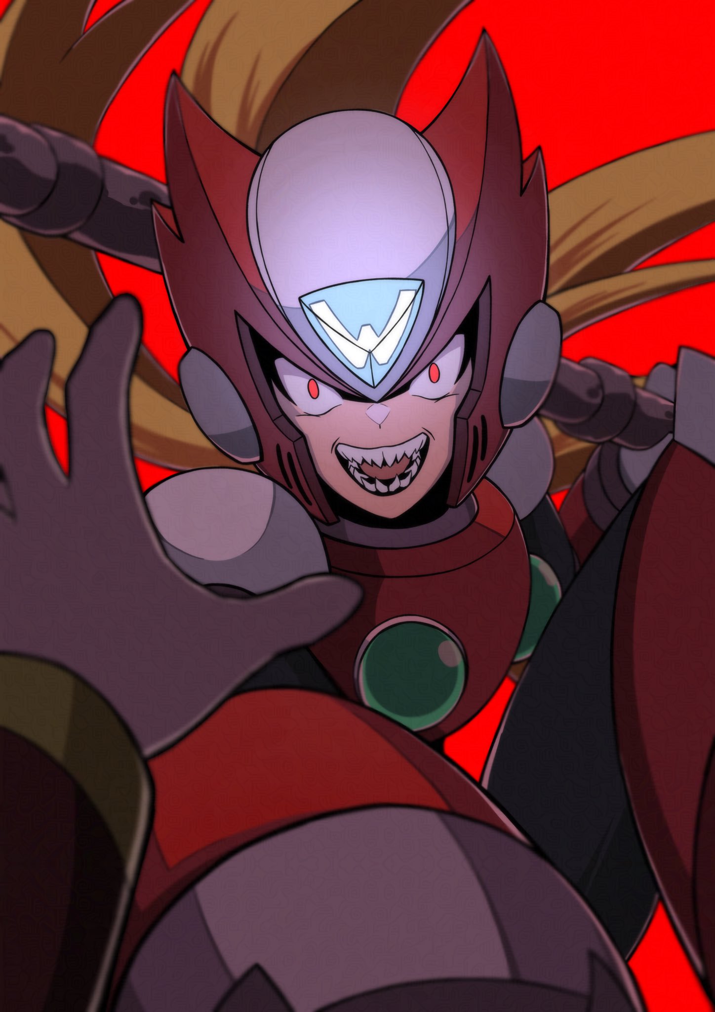 shoyu-z, zero (mega man), mega man (series), mega man x4, mega man x (series), highres, 1boy, armor, blonde hair, chest jewel, forehead jewel, helmet, holding, holding lead pipe, lead pipe, long hair, open mouth, pov, red armor, red eyes, red helmet, sharp teeth, teeth, upper body