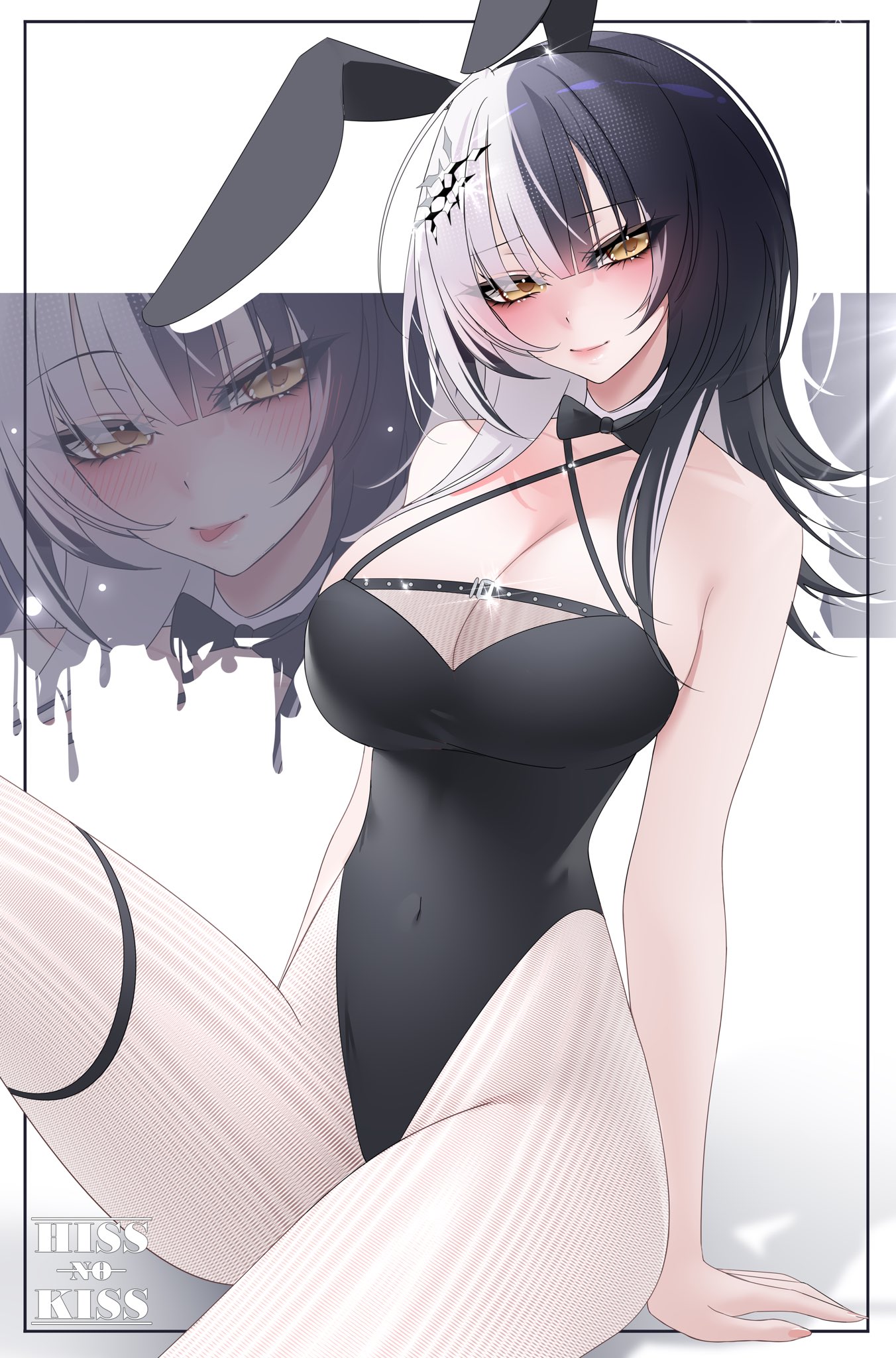 shiori novella, hololive, hololive english, highres, 1girl, alternate costume, animal ear hairband, animal ears, arm support, black bow, black bowtie, black hair, black leotard, bow, bowtie, breasts, cleavage, closed mouth, fake animal ears, hairband, highleg, highleg leotard, hissnokiss, large breasts, leotard, long hair, looking at viewer, multicolored hair, pantyhose, playboy bunny, rabbit ears, solo, split-color hair, thigh strap, two-tone hair, virtual youtuber, white hair, white pantyhose, yellow eyes