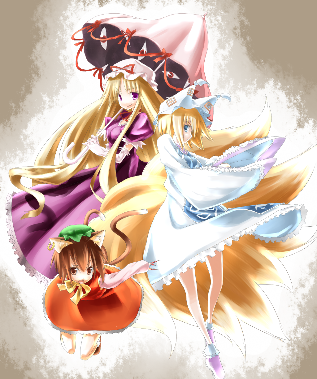 hiraga matsuri, hirasato, chen, yakumo ran, yakumo yukari, touhou, highres, 3girls, animal ears, animal hat, blonde hair, blue eyes, brown eyes, brown hair, cat ears, cat girl, cat tail, earrings, elbow gloves, female focus, fox ears, fox tail, gloves, hat, jewelry, long hair, long sleeves, mob cap, multiple girls, parasol, purple eyes, ribbon, short hair, tail, tassel, umbrella, wide sleeves