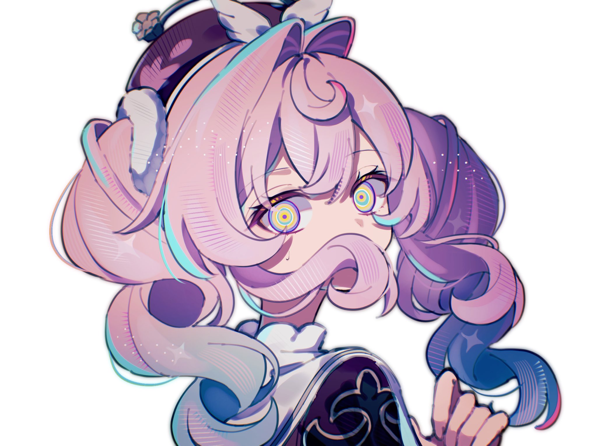 pino (pino2452), hyacine (honkai: star rail), honkai: star rail, honkai (series), highres, 1girl, aqua eyes, blue hair, covered mouth, dress, drill hair, floating hair, from side, gradient hair, hair between eyes, hand up, hat, hat ornament, long hair, multicolored eyes, multicolored hair, pink hair, purple dress, purple eyes, purple hat, ringed eyes, sidelocks, simple background, solo, sweatdrop, twintails, two-tone hair, upper body, wavy hair, white background, yellow eyes