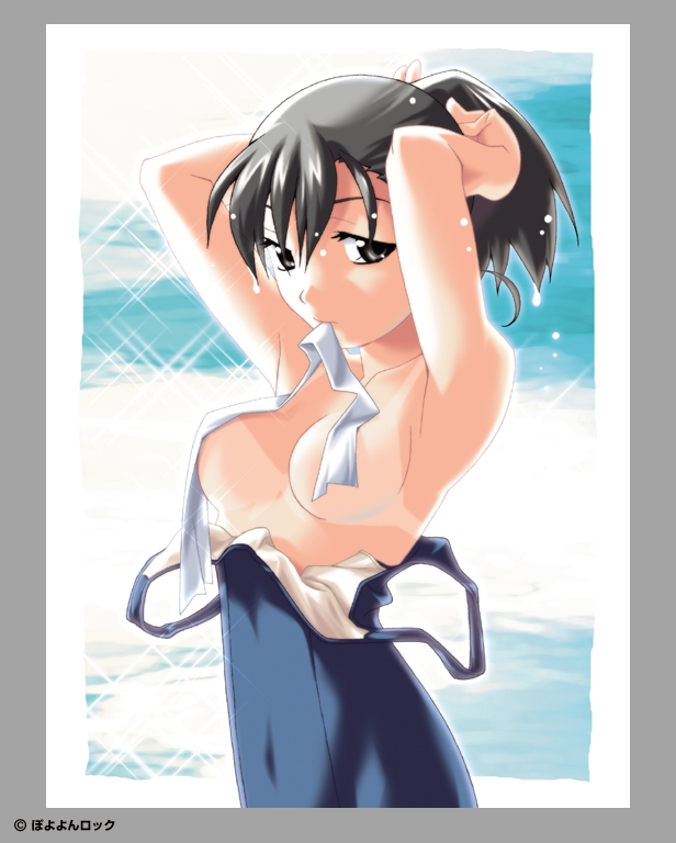 watanabe akio, 1girl, bikini tan, black eyes, black hair, censored, clothes pull, convenient censoring, female focus, mouth hold, one-piece swimsuit, one-piece swimsuit pull, ponytail, school swimsuit, solo, swimsuit, tan, tanline, undressing, water, wet