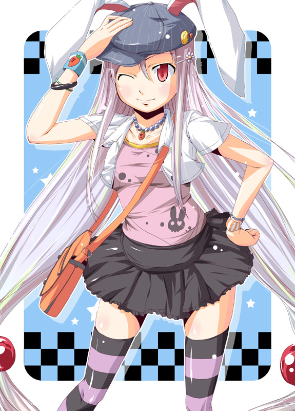 natsumi akira, reisen udongein inaba, touhou, 1girl, albino, animal ears, bag, bracelet, female focus, hair ornament, hairclip, hat, jewelry, long hair, necklace, one eye closed, rabbit ears, red eyes, skirt, solo, striped clothes, striped thighhighs, thighhighs, white hair, wink, wristband