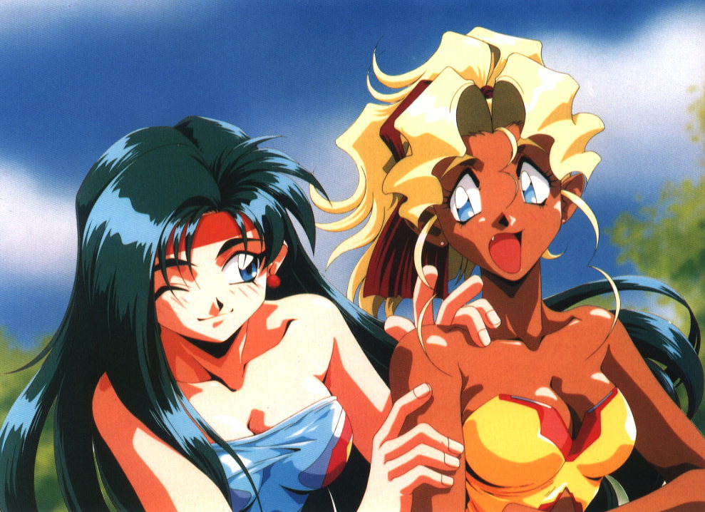 kuramitsu mihoshi, makibi kiyone, tenchi muyou!, breasts, cleavage, swimsuit, wink