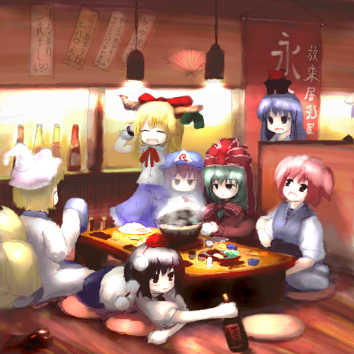 tsubasa (abchipika), ibuki suika, kagiyama hina, kamishirasawa keine, onozuka komachi, saigyouji yuyuko, shameimaru aya, yakumo ran, touhou, lowres, 6+girls, animal ears, animal hat, black hair, blonde hair, blue hair, bottle, drink, eating, female focus, fox ears, fox tail, green hair, hat, horns, long hair, long sleeves, mob cap, multiple girls, pink hair, red hair, restaurant, ribbon, short hair, tail, tassel, wide sleeves