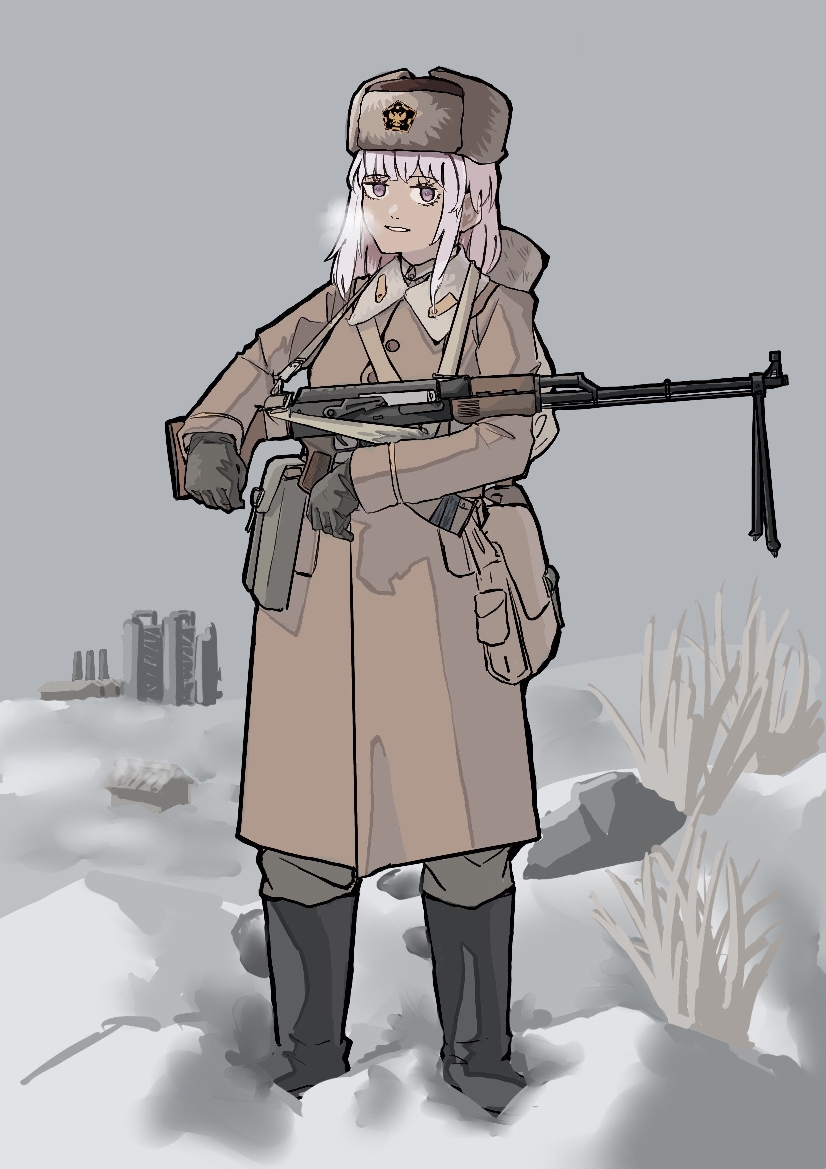 rpk-16 (girls' frontline), girls' frontline, hearts of iron, the new order: last days of europe, artist request, 1girl, ammunition pouch, bag, belt pouch, bipod, black boots, boots, breath, building, coat, crossover, factory, fur hat, gloves, greatcoat, grey pants, gun, gun sling, hat, jungle style, kalashnikov rifle, light machine gun, machine gun, medium hair, military uniform, pants, pink eyes, pink hair, pouch, rpk, russia, shoulder bag, siberian black league, sidelocks, smokestack, snow, soldier, ushanka, weapon, winter clothes, winter coat