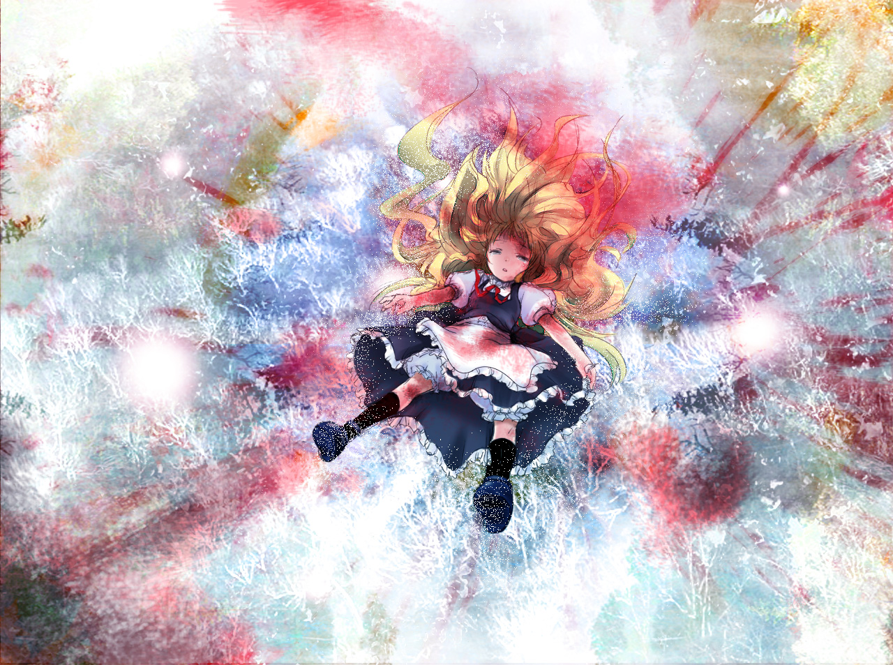 fujisaki hikari, kirisame marisa, touhou, 1girl, abstract, blonde hair, closed eyes, falling, female focus, long hair, solo, surreal, tears