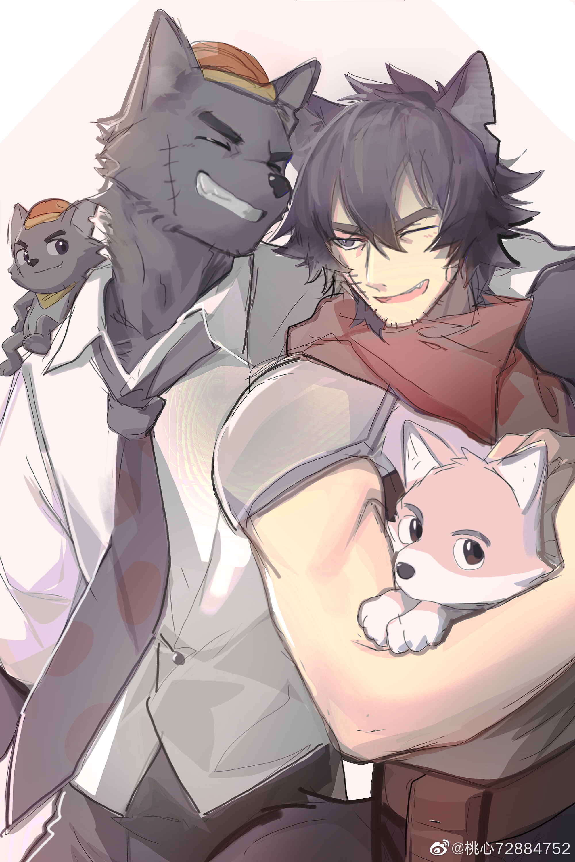 shabi96522, absurdres, character request, highres, 2boys, animal ears, black hair, clenched teeth, collared shirt, dog, fang, hair between eyes, hat, hui tailang, male focus, multiple boys, notched ear, open mouth, orange hat, shirt, sparse stubble, stitched face, stitches, teeth, white shirt, wolf boy, wolf ears, xiyangyang yu huitailang