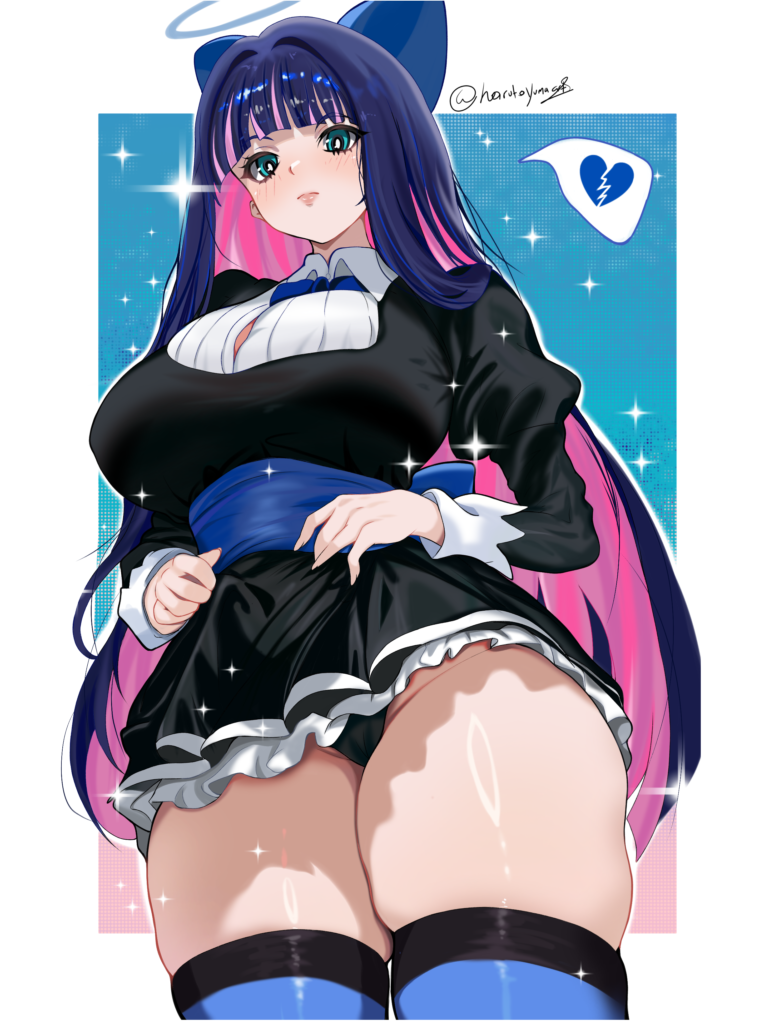 harutoyumaarts, stocking (psg), panty & stocking with garterbelt, 1girl, black dress, black panties, black thighhighs, blue eyes, blue hair, blue thighhighs, blush, breasts, broken heart, closed mouth, collared dress, colored inner hair, dress, frilled dress, frills, halo, heart, large breasts, looking at viewer, multicolored hair, panties, pink hair, skirt, smile, solo, spoken broken heart, striped clothes, striped thighhighs, thighhighs, thighs, underwear, wings, zettai ryouiki