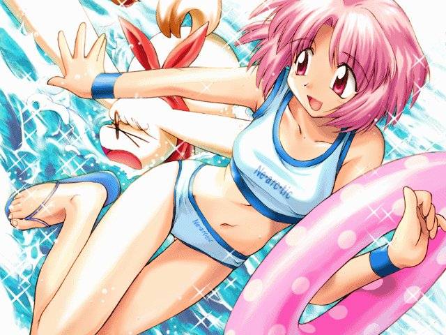 karen (artist), cyarott (kaerunyo panyon), panyon (kaerunyo panyon), kaerunyo panyon, game cg, > <, 1girl, :d, bikini, blush, bob cut, closed eyes, dog, dutch angle, feet, female focus, flip-flops, innertube, leg up, legs, navel, open mouth, pink eyes, pink hair, polka dot, sandals, scarf, short hair, smile, solo, sparkle, splashing, sports bikini, standing, swim ring, swimsuit, tankini, thigh gap, tripping, water, wristband