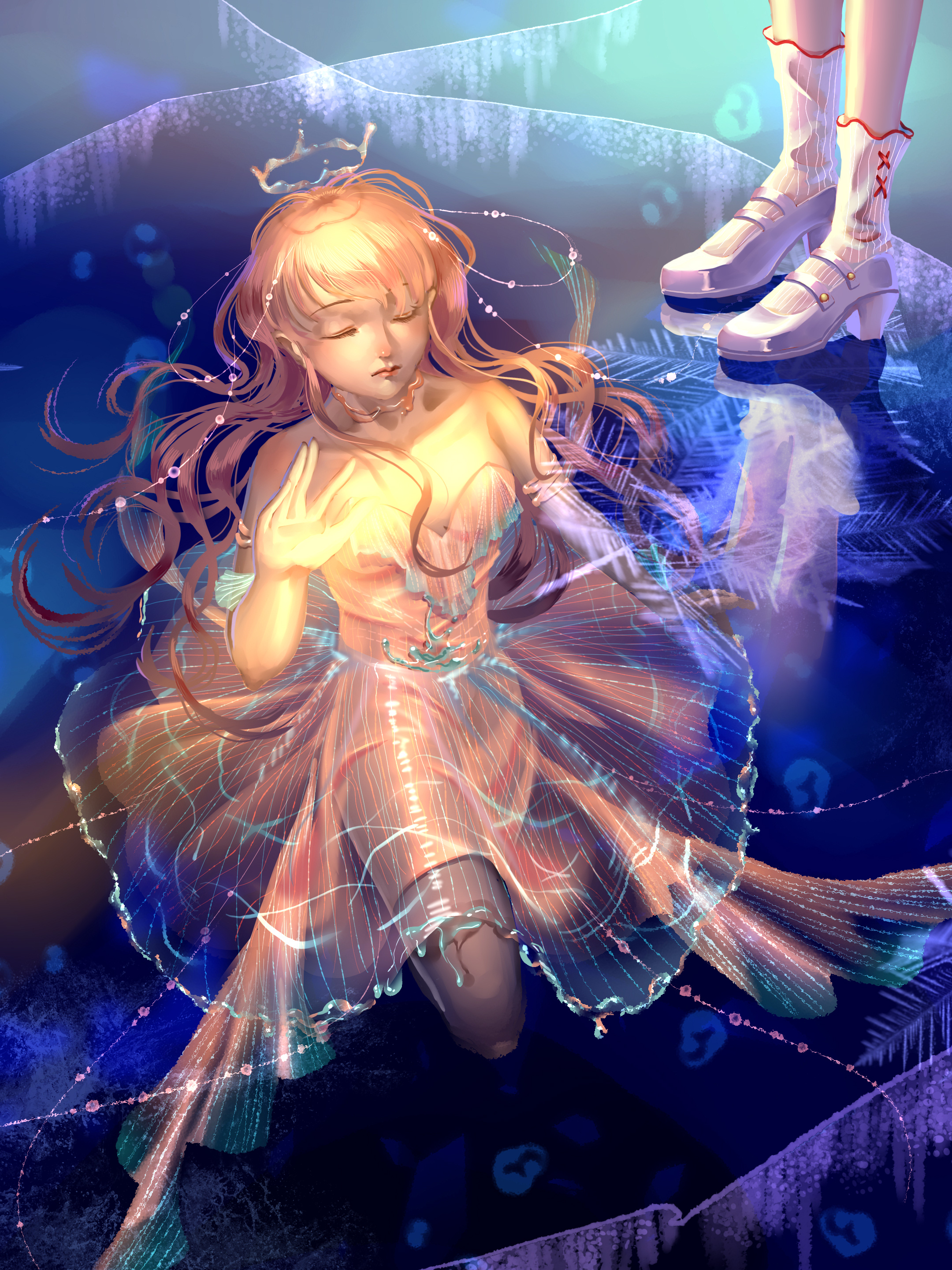 bloom poetry (shining nikki), nikki (nikki), nikki (series), shining nikki, absurdres, highres, 2girls, aqunaqunyingfen, bare shoulders, breasts, choker, cleavage, closed eyes, closed mouth, collarbone, cross-laced clothes, cross-laced legwear, dress, dual persona, floating hair, high heels, indoors, jewelry, knee up, knees, lipstick, long hair, makeup, multiple girls, official alternate color, pink choker, pink dress, pink hair, pink lips, pumps, realistic, school uniform, shoes, snowflakes, socks, solo focus, standing, strapless, strapless dress, striped clothes, striped dress, striped socks, vertical-striped clothes, vertical-striped dress, vertical-striped socks, watcher of the depths (shining nikki), wavy hair, white shoes, white socks