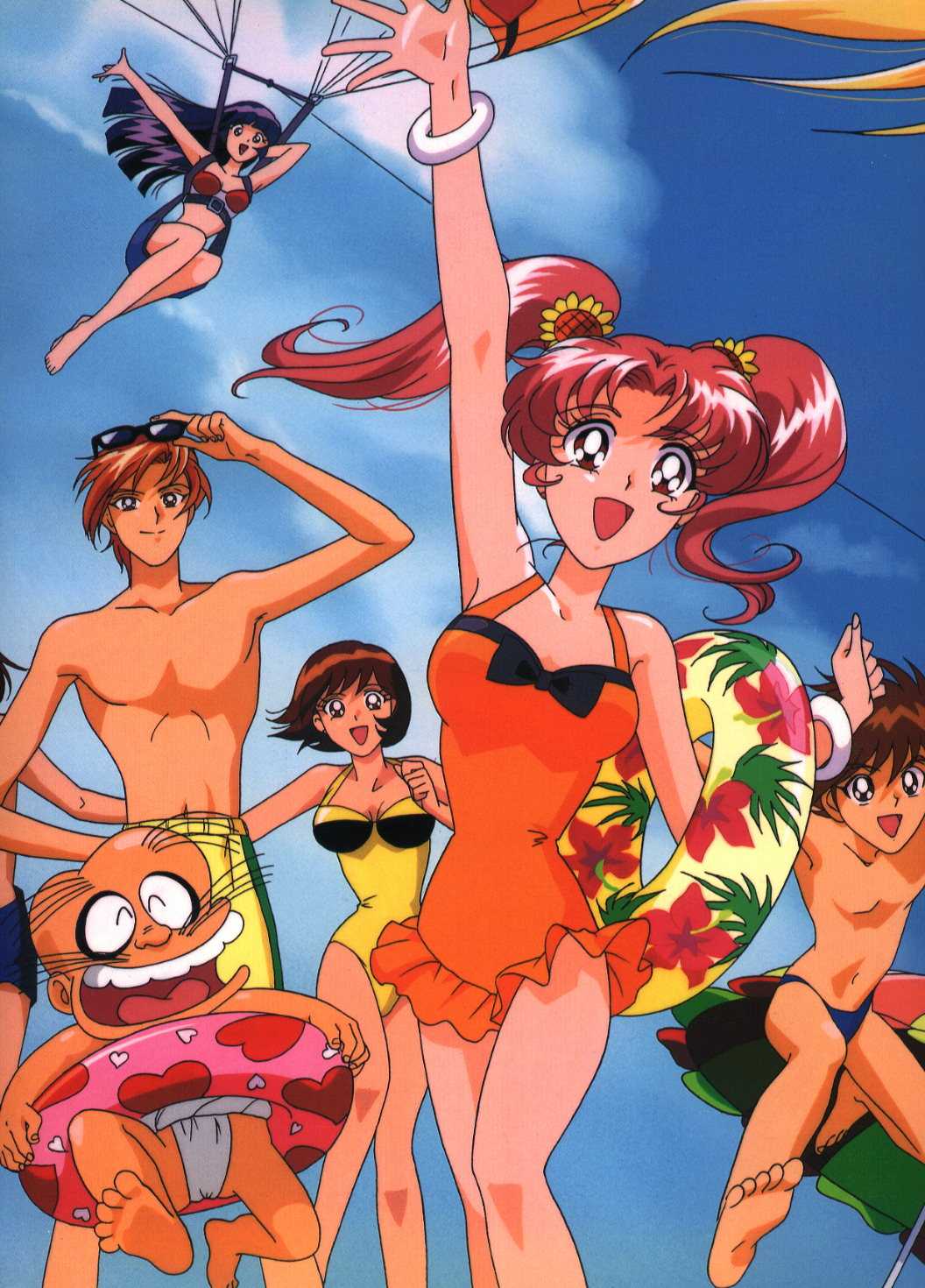 aki natsuko, hayami danbei, hayami hayato, hayami seiji, cutie honey, cutie honey flash, artist request, highres, 3girls, 4boys, bald, barefoot, beach, beach umbrella, bikini, black hair, blue male swimwear, blue swim briefs, blue swim trunks, bracelet, breasts, brown eyes, brown hair, closed eyes, cloud, collarbone, eyewear on head, facial hair, flower, fundoshi, hair flower, hair ornament, holding, holding swim ring, innertube, japanese clothes, jewelry, long hair, male swimwear, medium breasts, multiple boys, multiple girls, mustache, one-piece swimsuit, open mouth, orange one-piece swimsuit, red bikini, short hair, sky, smile, standing, sunflower, sunglasses, sunglasses on head, swim briefs, swim ring, swim trunks, swimsuit, teeth, topless female, twintails, umbrella, waving, white male swimwear, yellow male swimwear, yellow one-piece swimsuit, yellow swim trunks