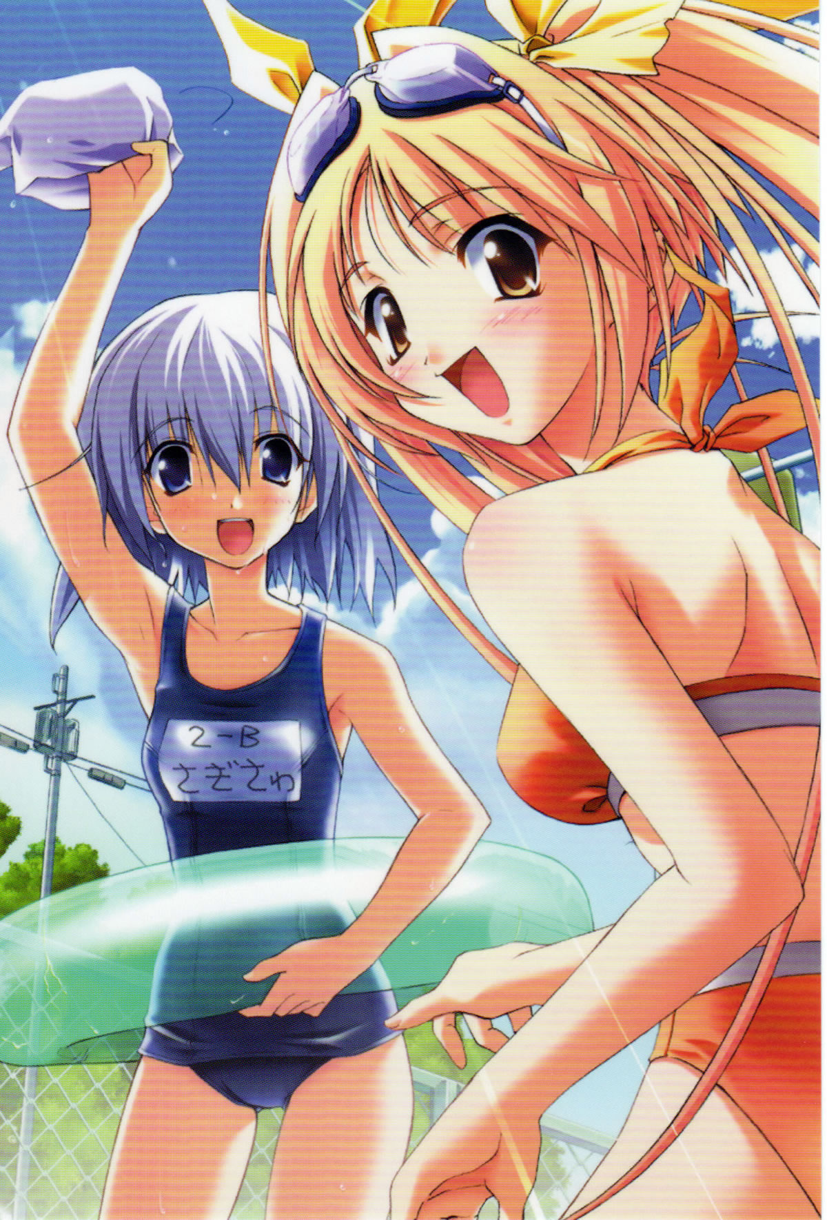 matsuo yukihiro, nonohara haya, sagisawa yukari, memories off, memories off sorekara, highres, 2girls, bikini, blonde hair, blue eyes, blue hair, blue one-piece swimsuit, blue school swimsuit, blush, breasts, brown eyes, chain-link fence, cloud, collarbone, eyewear on head, fence, goggles, goggles on head, hair ribbon, holding, holding unworn clothes, innertube, light rays, long hair, looking at viewer, looking back, medium breasts, multiple girls, name tag, one-piece swimsuit, open mouth, orange bikini, pole, power lines, ribbon, school uniform, short hair, sky, small breasts, smile, sparkle, standing, sunbeam, sunlight, swim goggles, swim ring, swimsuit, tree, twintails, unworn swim cap, yellow ribbon