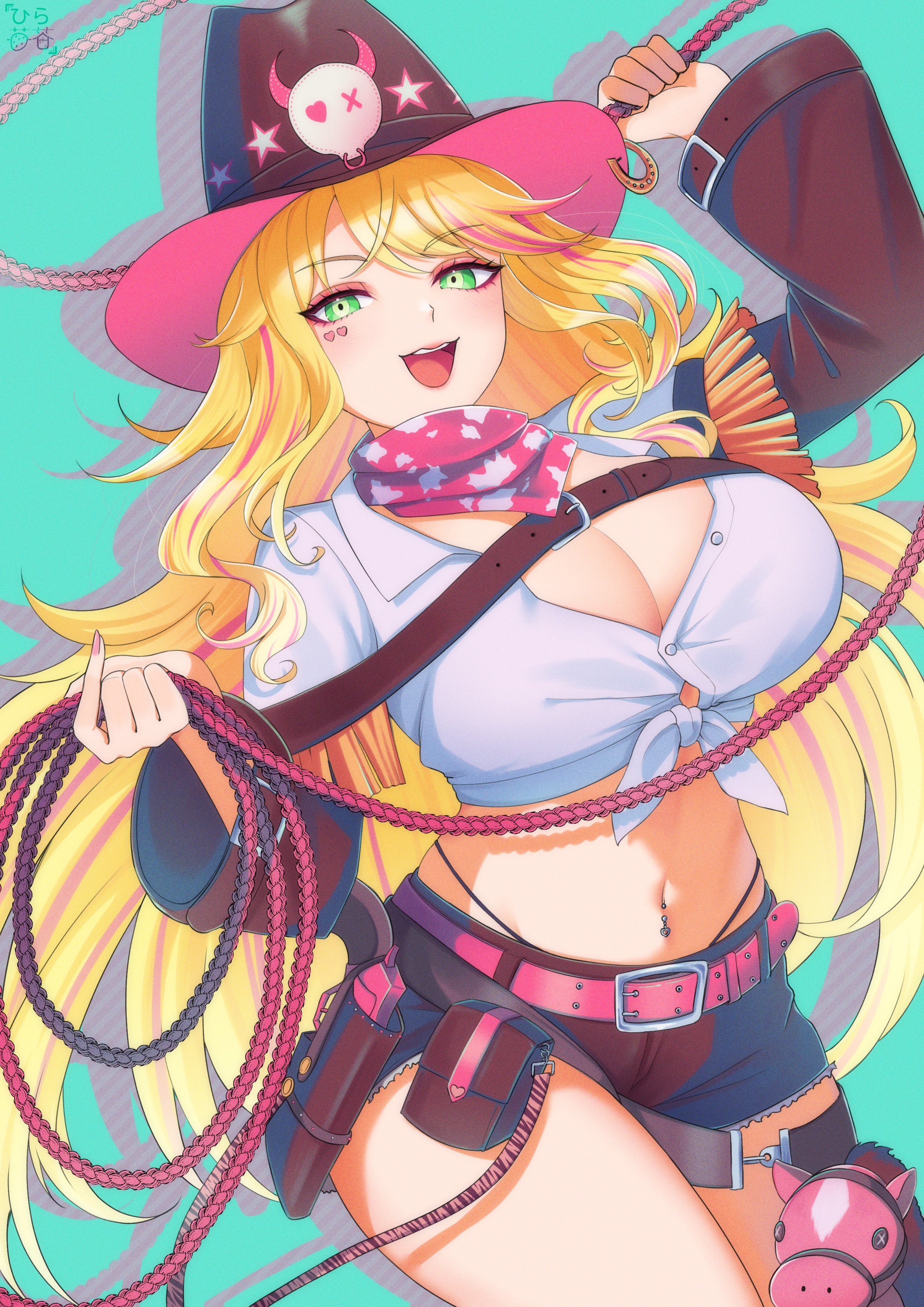 lulu lasso, indie virtual youtuber, artist request, 1girl, belt, belt buckle, blonde hair, breasts, buckle, cleavage, cowboy hat, cowgirl (western), green eyes, hat, lasso, long hair, scarf, solo, virtual youtuber