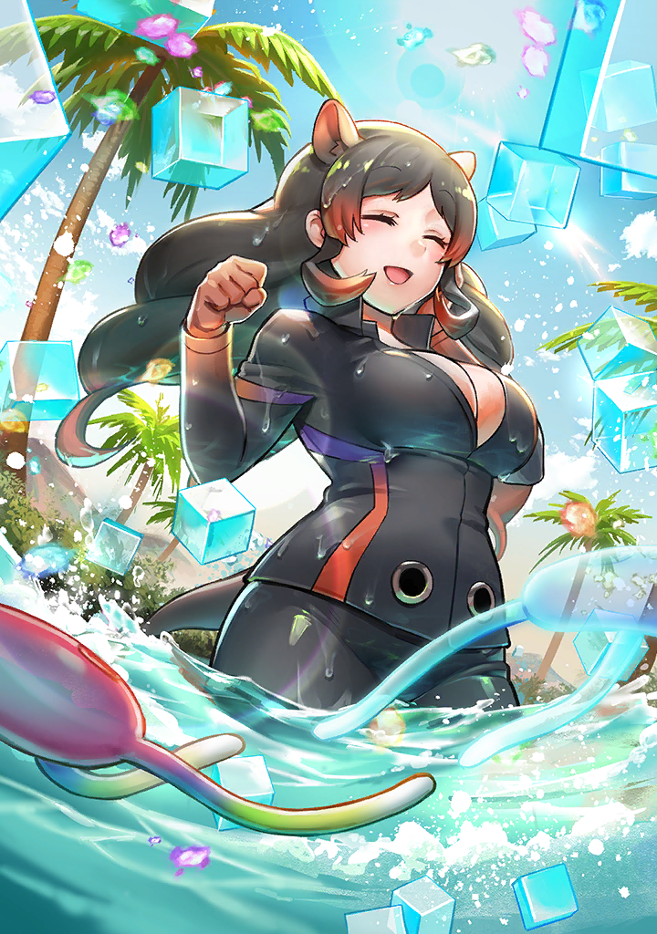 cellien (kemono friends), hippopotamus (kemono friends), kemono friends, kemono friends 3, official art, 1girl, animal ears, black hair, breasts, cleavage, closed eyes, extra ears, gloves, gradient hair, hippopotamus ears, large breasts, leather suit, long hair, looking at viewer, multicolored hair, open mouth, palm tree, red hair, sandstar, tree, water