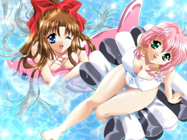hina ~ippai daisuki~, artist request, character request, game cg, tagme, bow, breasts, brown hair, cleavage, covered erect nipples, green eyes, hair bow, inflatable dolphin, inflatable raft, inflatable toy, looking at viewer, multiple girls, one eye closed, pink hair, swimsuit, water