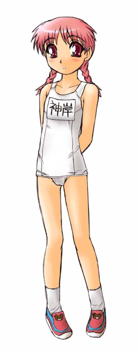 kamigishi akari, to heart, to heart (series), artist request, 1girl, animal print, arms behind back, bear print, blush, braid, collarbone, flat chest, long hair, looking at viewer, name tag, one-piece swimsuit, parted lips, pink hair, print shoes, red eyes, red shoes, school swimsuit, shoes, socks, standing, swimsuit, teeth, twin braids, white background, white one-piece swimsuit, white school swimsuit, white socks