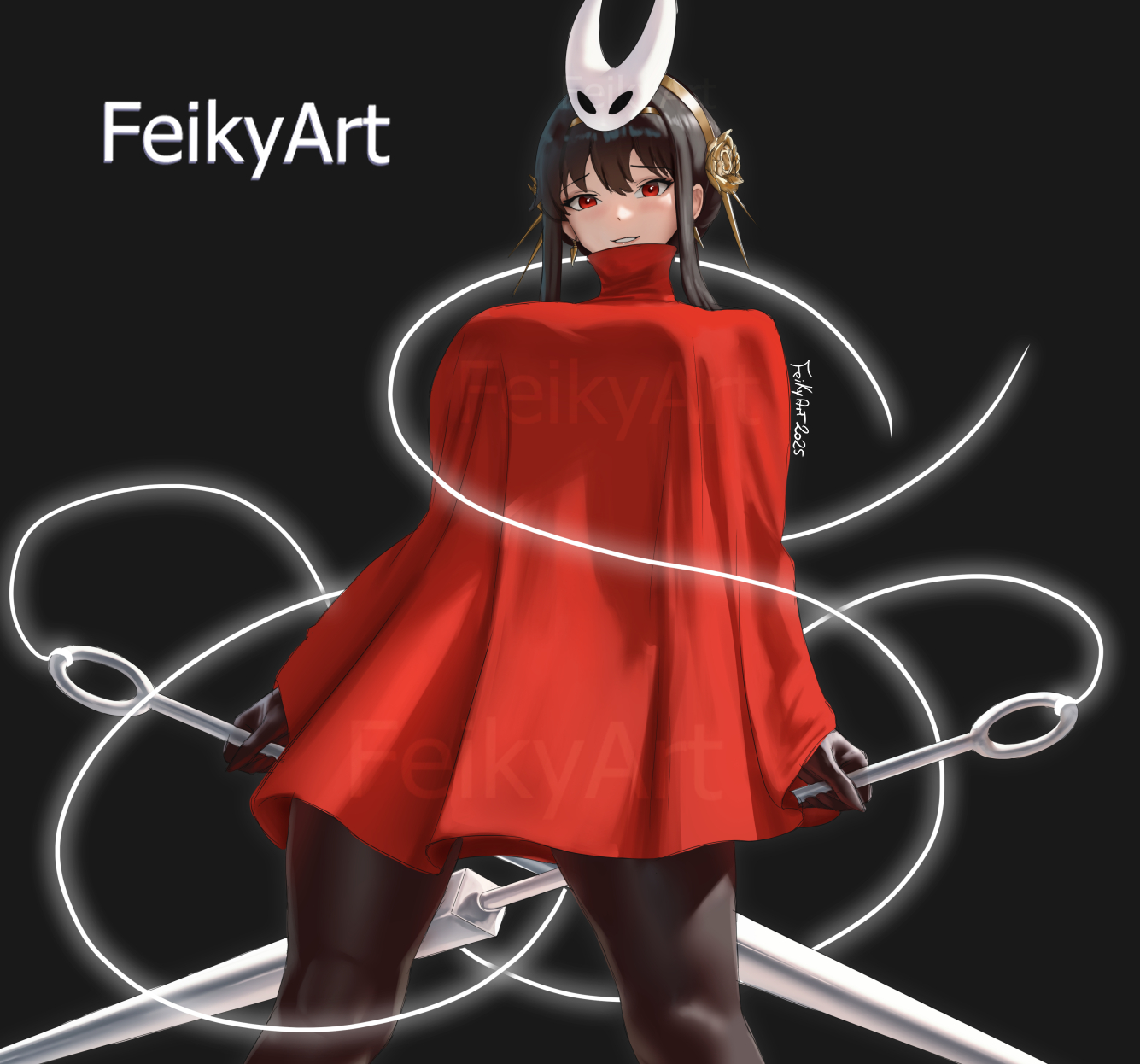 feikyart, hornet (hollow knight), yor briar, hollow knight, spy x family, highres, 1girl, artist name, black gloves, black hair, black pantyhose, breasts, cosplay, dress, gloves, gold hairband, hairband, hornet (hollow knight) (cosplay), large breasts, looking at viewer, mask, mask on head, needle (hollow knight), pantyhose, red dress, red eyes, sidelocks, solo, white mask