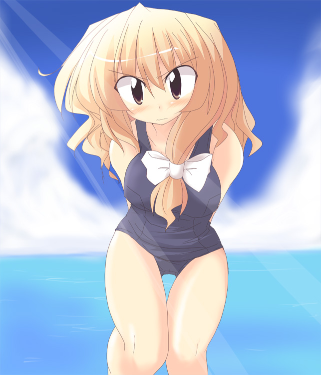 artist request, character request, copyright request, 1girl, angry, arms behind back, blonde hair, blue one-piece swimsuit, blush, breasts, brown eyes, cloud, collarbone, female focus, hair ribbon, light rays, long hair, looking at viewer, medium breasts, ocean, one-piece swimsuit, ribbon, school swimsuit, sky, solo, standing, sunbeam, sunlight, swimsuit, water