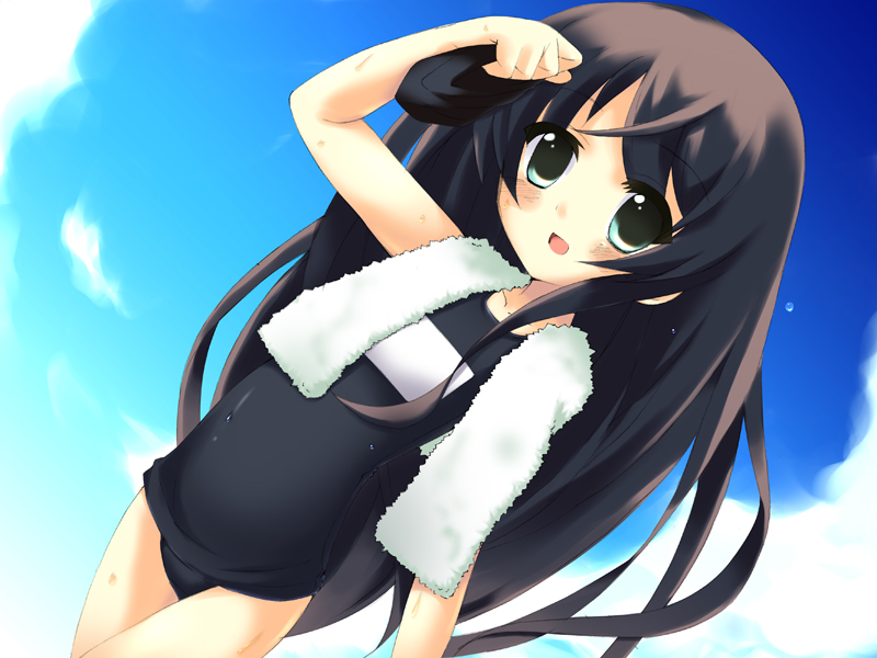 beach, black one-piece swimsuit, blush, dutch angle, flat chest, one-piece swimsuit, school swimsuit, solo, standing, swim cap, swimsuit, towel, wet