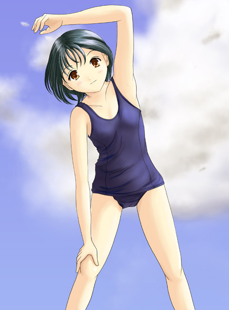 artist request, character request, copyright request, 1girl, black hair, blue one-piece swimsuit, blush, breasts, brown eyes, cloud, collarbone, female focus, looking at viewer, one-piece swimsuit, school swimsuit, short hair, sky, small breasts, smile, solo, stretching, swimsuit