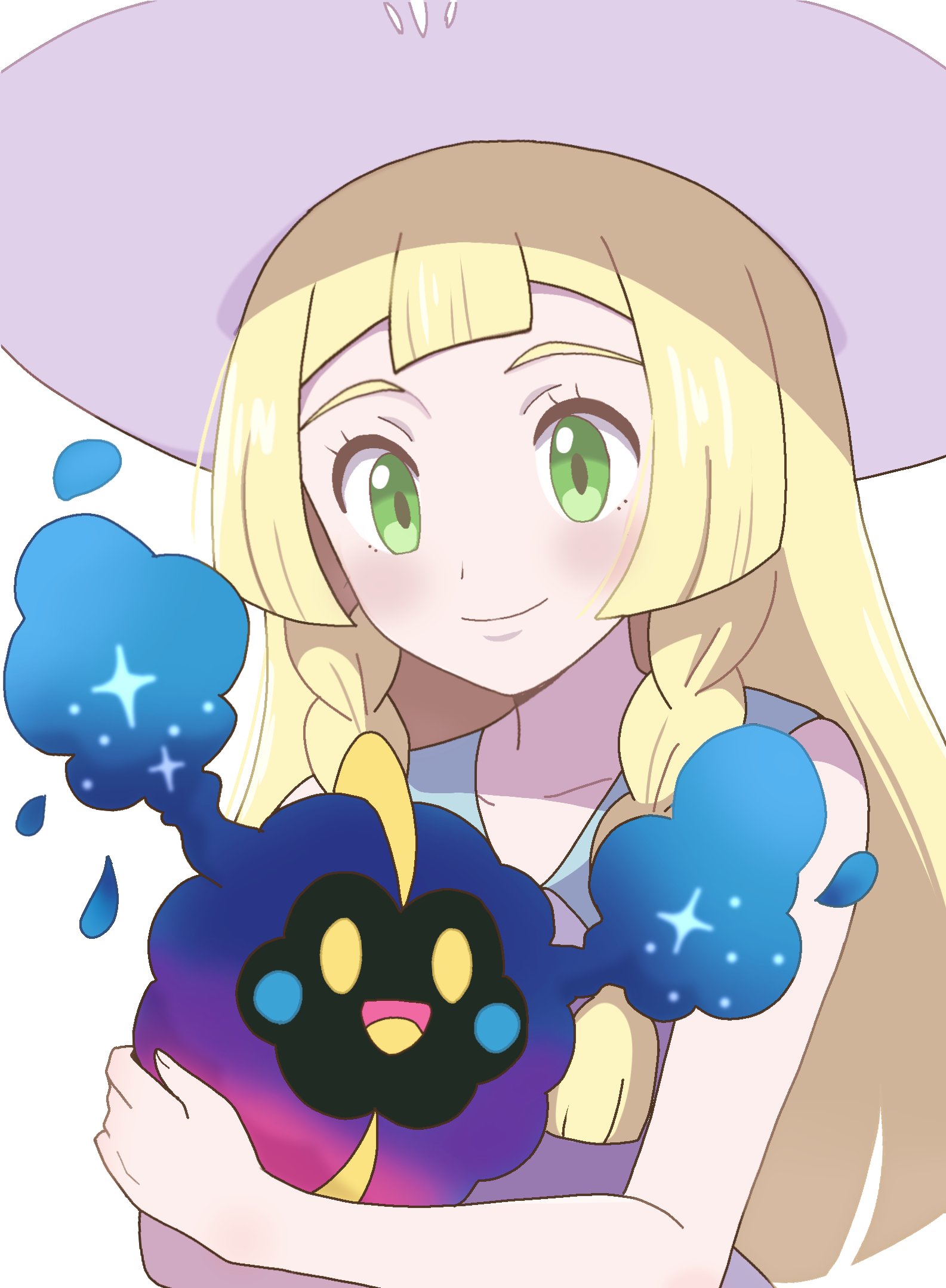 nakikot t, cosmog, lillie (pokemon), nintendo, pokemon, pokemon sm, highres, 1girl, blonde hair, braid, closed mouth, dress, eyelashes, gen 7 pokemon, green eyes, hat, holding, holding pokemon, legendary pokemon, long hair, looking at another, pokemon (creature), sleeveless, sleeveless dress, smile, twin braids, upper body, white background, white dress, white hat