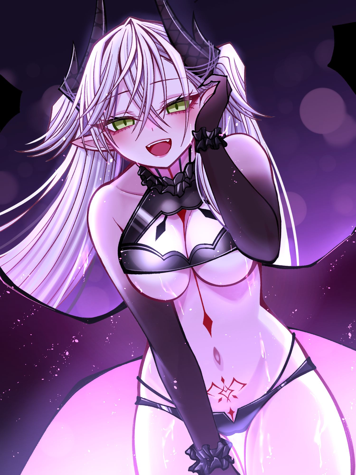 mcpc zamurai, lilith (fate), fate/grand order, fate (series), highres, 1girl, bare shoulders, bikini, black bikini, black hands, blush, body markings, breasts, cleavage, colored extremities, crossed bangs, demon girl, demon horns, demon wings, green eyes, grey hair, hair between eyes, horns, large breasts, lilith (stormy night) (fate), long hair, looking at viewer, navel, open mouth, pointy ears, smile, solo, stomach tattoo, swimsuit, tattoo, thighs, twintails, very long hair, wings