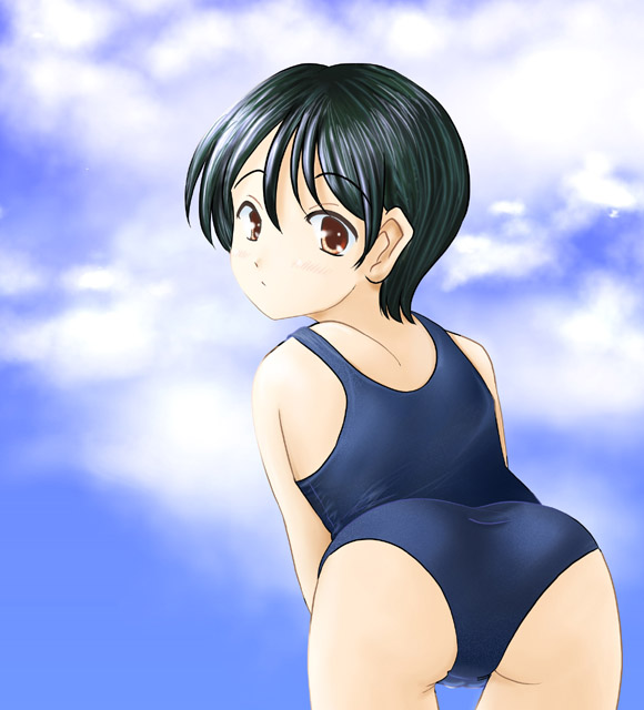 artist request, character request, copyright request, 1girl, ass, bent over, black hair, blue one-piece swimsuit, blue school swimsuit, blush, brown eyes, cloud, female focus, from behind, looking at viewer, looking back, one-piece swimsuit, school swimsuit, short hair, sky, solo, standing, swimsuit