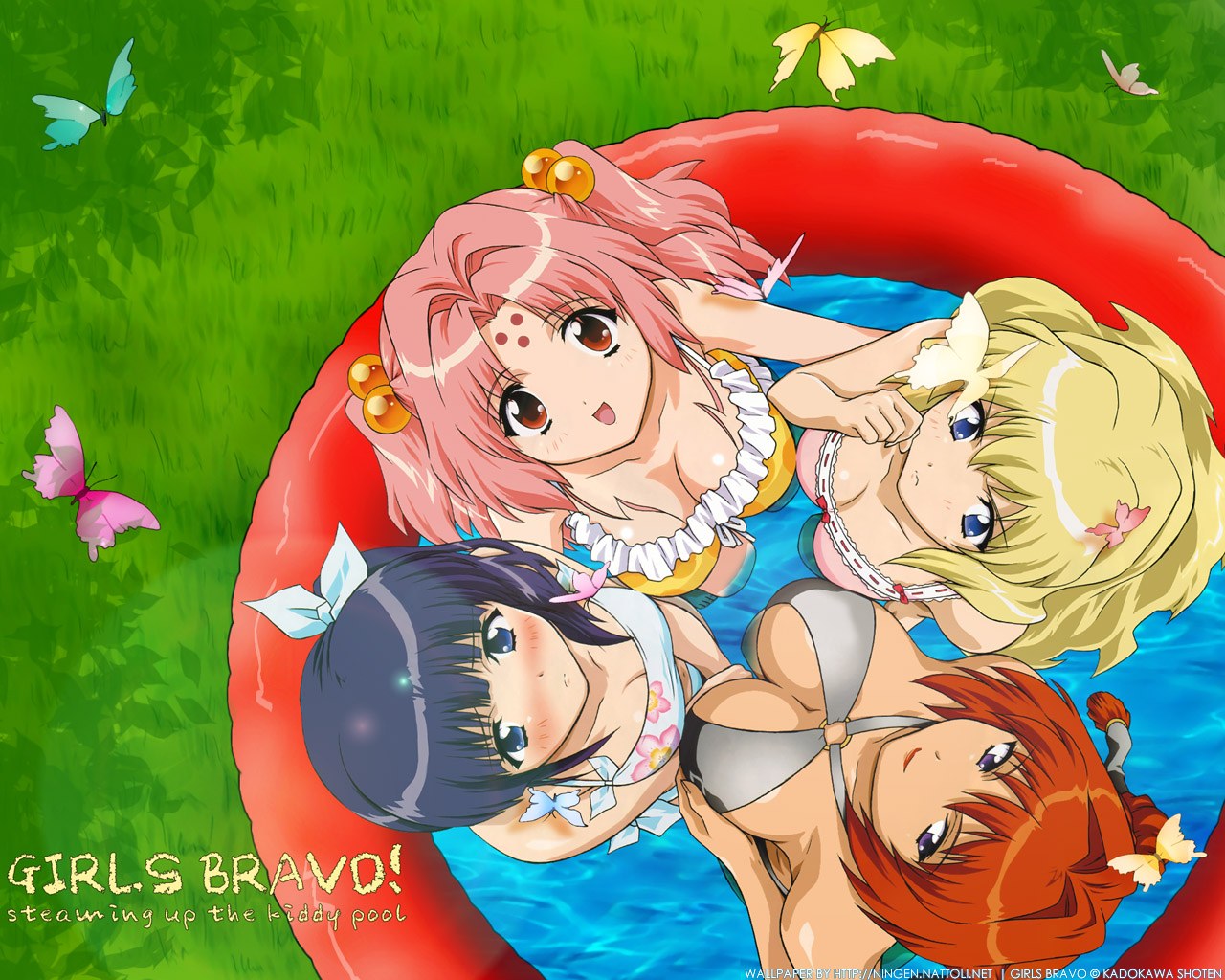 fukuyama lisa, koyomi hare nanaka, maharu sena kanaka, miharu sena kanaka, girls bravo, tagme, 00s, 4girls, blush, breasts, female focus, from above, multiple girls, outdoors, partially submerged, plant, swimsuit, water