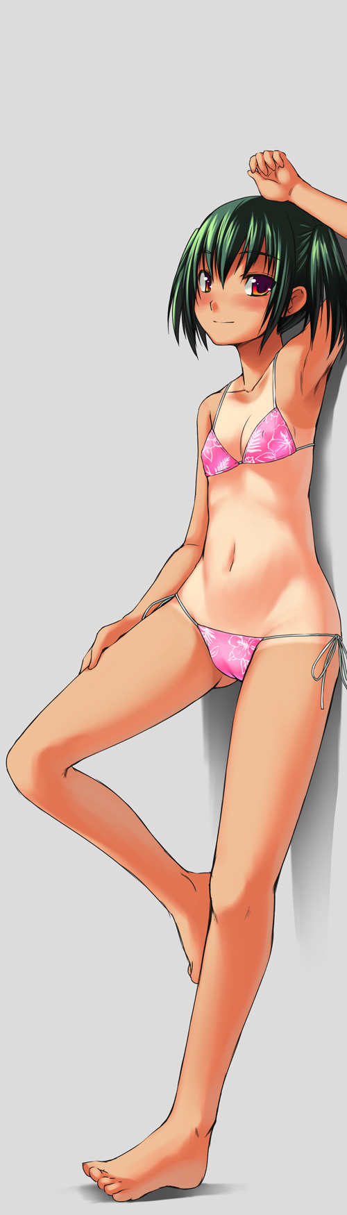 bosshi, yu (bosshi), original, highres, long image, tall image, 1girl, armpits, barefoot, bikini, blush, cameltoe, feet, female focus, flat chest, floral print, green hair, loli, lying, nipples, one-piece tan, pink bikini, red eyes, side-tie bikini bottom, solo, standing, swimsuit, tan, tanline, toes