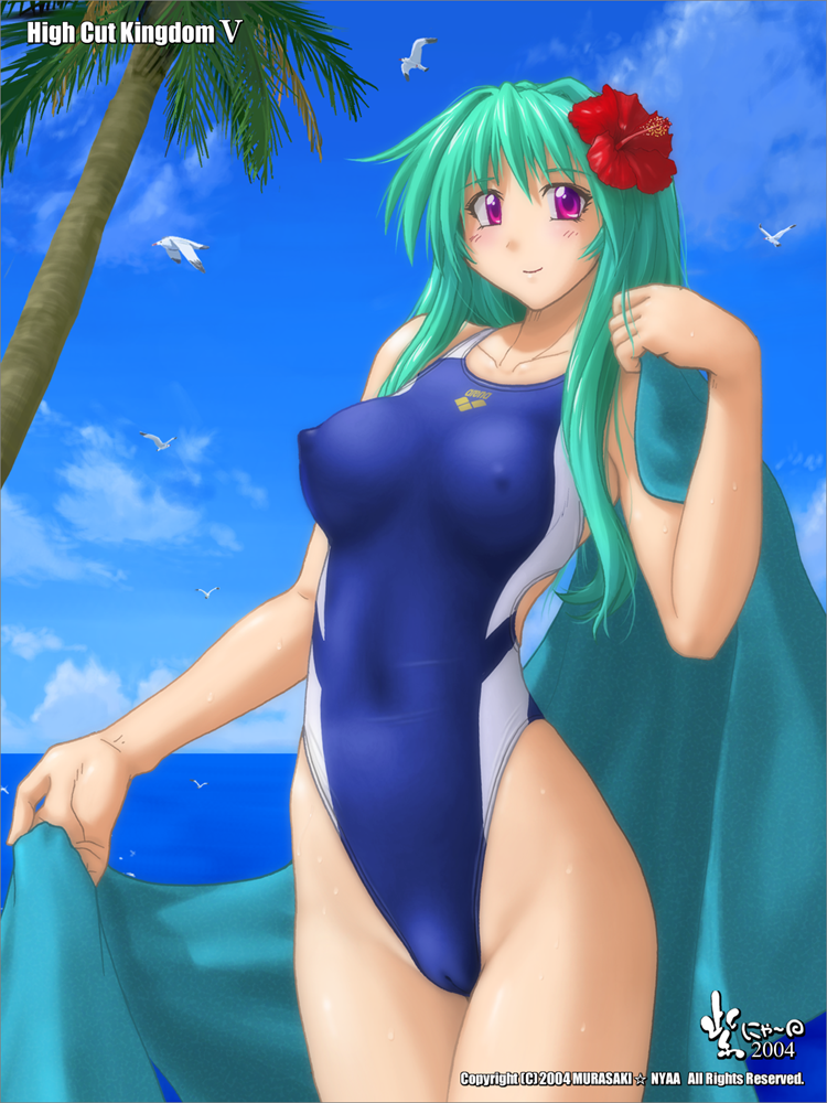 nyanko batake, arena (company), high cut kingdom, 2004, beach, beach towel, bird, cameltoe, competition swimsuit, covered erect nipples, covered navel, flower, flower on head, green hair, highleg, highleg one-piece swimsuit, nipples, ocean, one-piece swimsuit, palm tree, purple eyes, seagull, swimsuit, towel, tree, wet