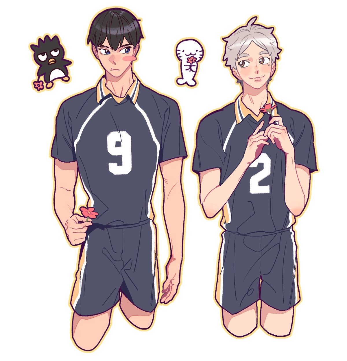 lord halmae, kageyama tobio, sugawara koushi, haikyuu!!, commentary request, highres, 2boys, black hair, blush stickers, cropped legs, flower, grey hair, holding, holding flower, looking at another, male focus, multiple boys, pink flower, short hair, short sleeves, shorts, simple background, white background, yaoi