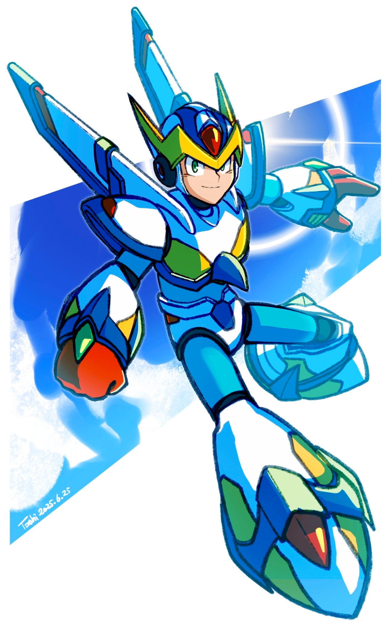 falcon armor x (mega man), x (mega man), mega man (series), mega man x (series), highres, 1boy, arm cannon, armor, artist name, dated, full body, green eyes, helmet, male focus, midair, n2ure7tfisnzmcd, smile, solo, weapon, white armor, white helmet