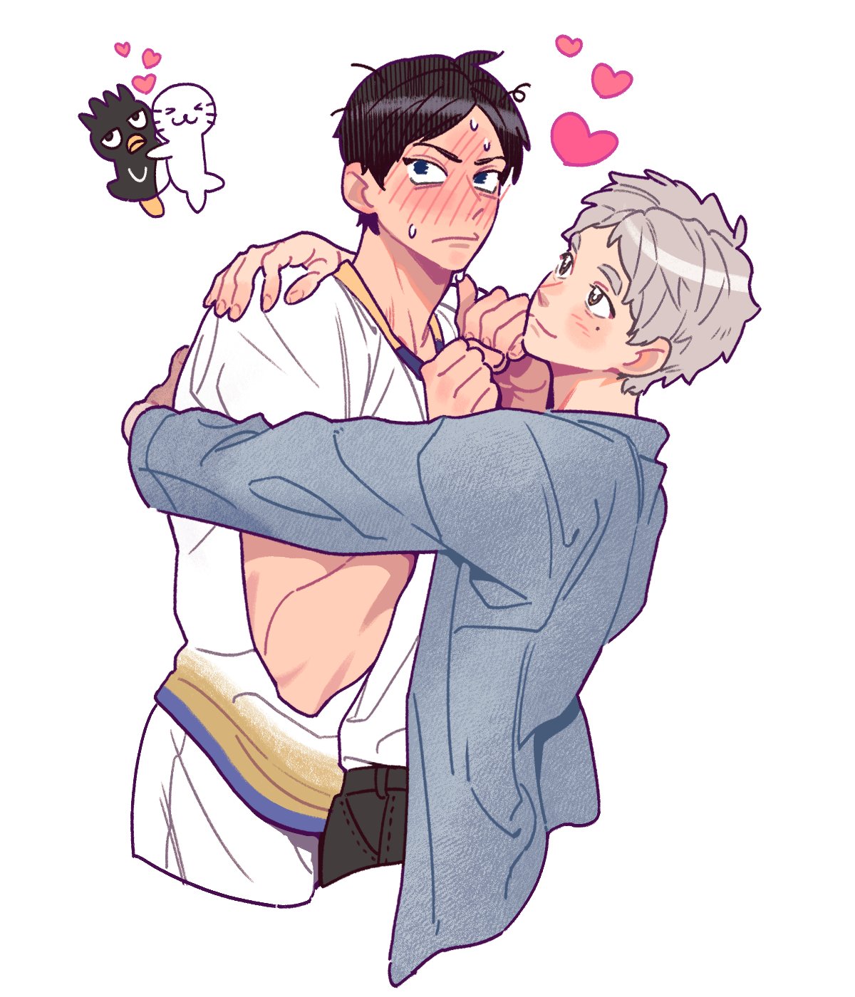 lord halmae, kageyama tobio, sugawara koushi, haikyuu!!, commentary request, highres, 2boys, blush, closed mouth, full-face blush, grey jacket, heart, hug, jacket, male focus, messy hair, mole, mole under eye, multiple boys, shirt, simple background, sweatdrop, white background, white shirt, yaoi