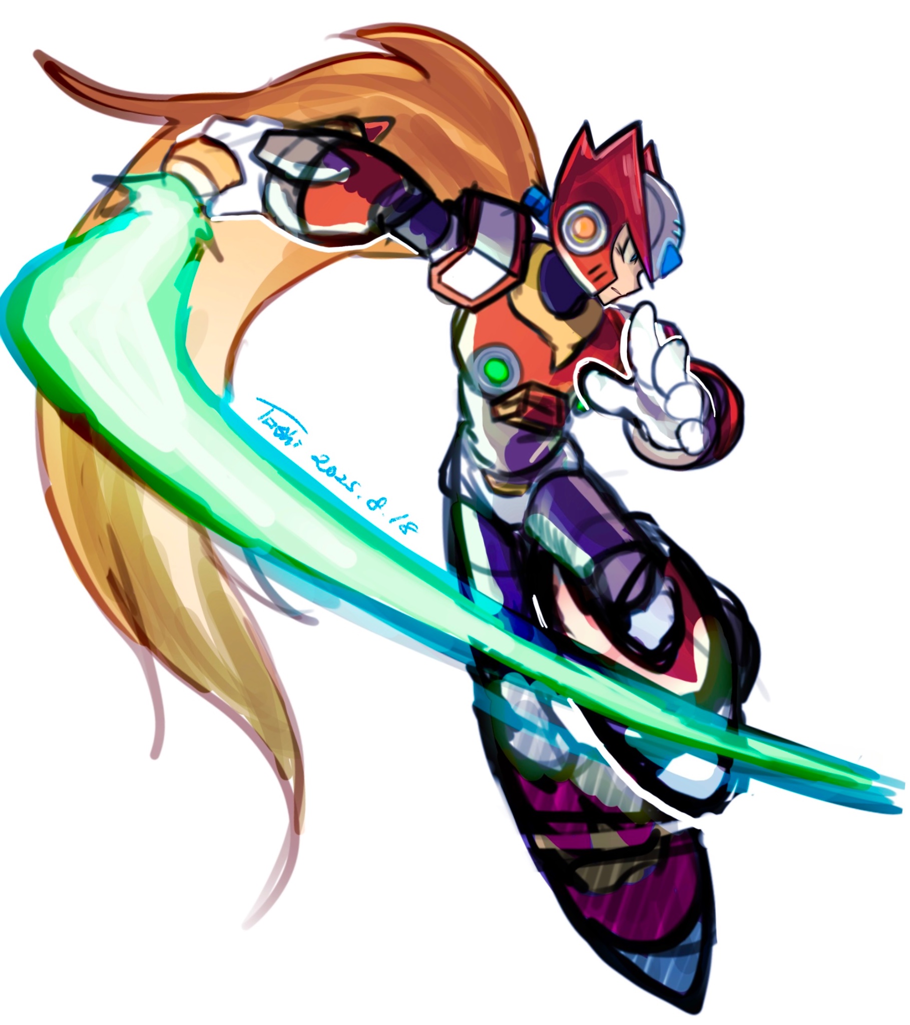 mega man (series), mega man x (series), highres, 1boy, armor, blonde hair, chest jewel, energy sword, forehead jewel, full body, helmet, holding, holding sword, holding weapon, long hair, male focus, n2ure7tfisnzmcd, red armor, red helmet, simple background, solo, sword, weapon, white background, z saber