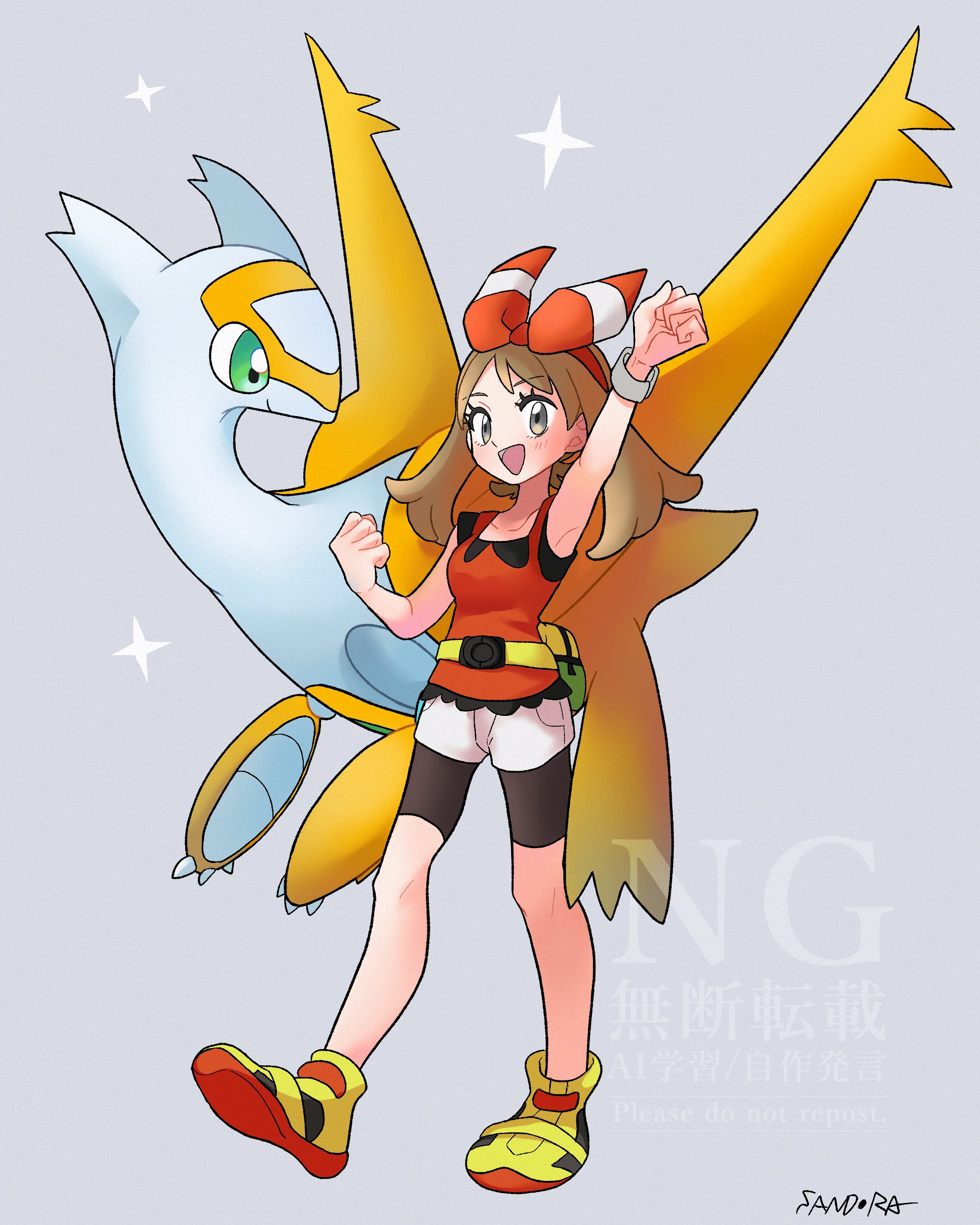 sandora (karugamo no e), latias, may (pokemon), nintendo, pokemon, pokemon oras, absurdres, commentary, highres, symbol-only commentary, 1girl, :d, alternate color, arm up, armpits, artist name, bike shorts, bike shorts under skirt, black shorts, blush, bow, bow hairband, brown hair, clenched hands, eyelashes, fanny pack, gen 3 pokemon, grey background, grey eyes, hair bow, hairband, legendary pokemon, looking at viewer, open mouth, pokemon (creature), red bow, red hairband, red shirt, shiny pokemon, shirt, shoes, shorts, sleeveless, sleeveless shirt, smile, white shorts, yellow shoes