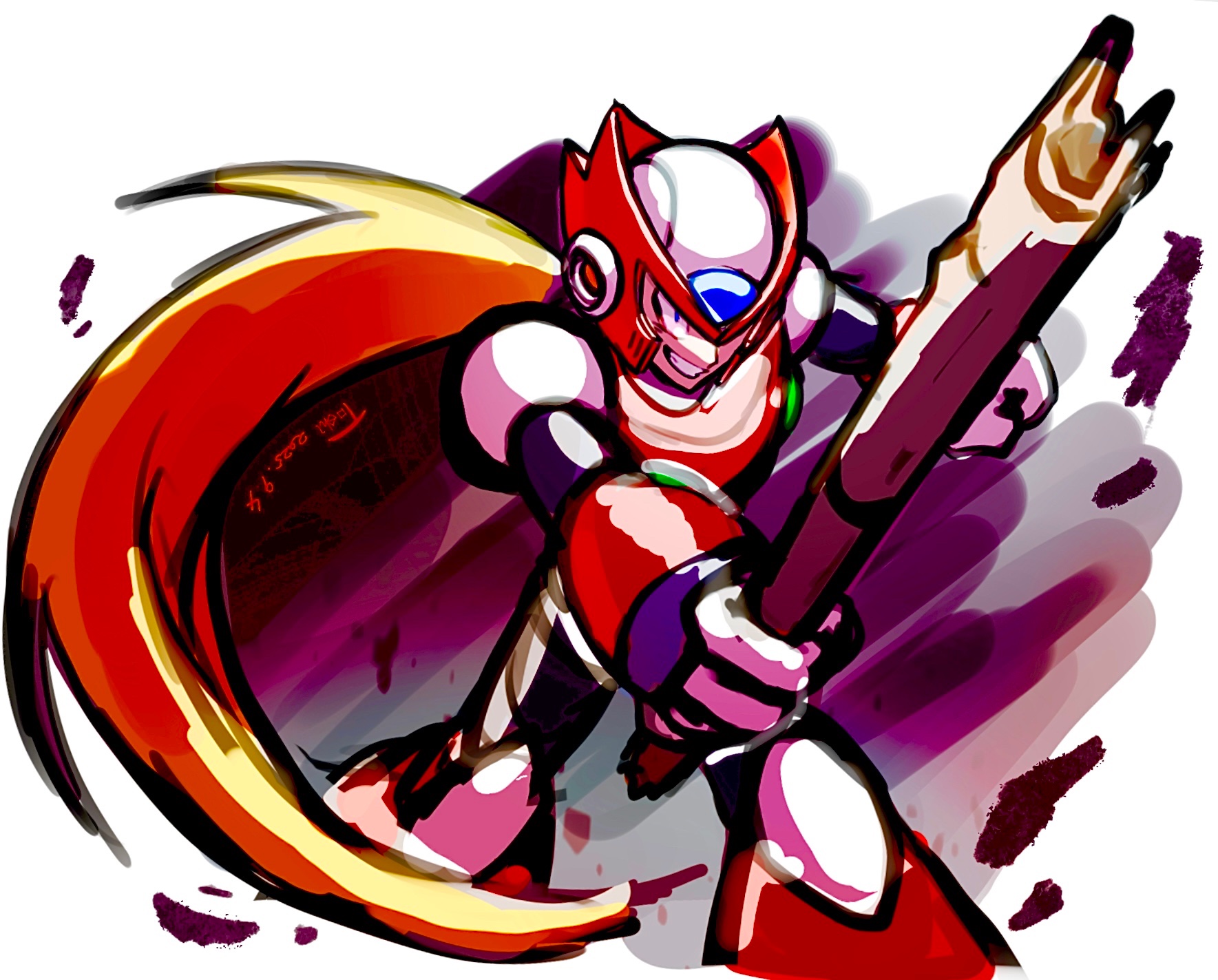 zero (mega man), mega man (series), mega man x4, mega man x (series), highres, 1boy, armor, artist name, blonde hair, chest jewel, cowboy shot, dated, forehead jewel, helmet, lead pipe, long hair, male focus, n2ure7tfisnzmcd, red armor, red helmet, smirk, solo