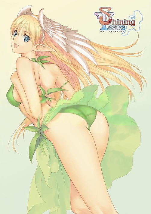 tony taka, elwing, sega, shining (series), shining tears, aqua background, arched back, ass, back, bikini, blonde hair, blue eyes, copyright name, from side, gradient background, green bikini, hair between eyes, halterneck, head wings, kneepits, leaf bikini, long hair, pointy ears, skindentation, solo, standing, swimsuit, thighs, very long hair, wings, yellow background