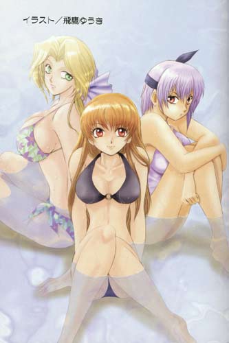 ayane (doa), helena douglas, kasumi (doa), dead or alive, tecmo, lowres, tagme, 3girls, bikini, blonde hair, breasts, headband, multiple girls, purple hair, sideboob, sitting, swimsuit, water