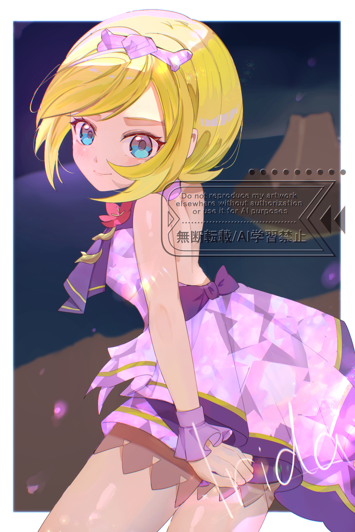 tonbo (tonbo63194), irida (anniversary 2025) (pokemon), irida (pokemon), nintendo, pokemon, pokemon masters ex, highres, 1girl, blonde hair, blue eyes, border, character name, closed mouth, dress, eyelashes, hair ornament, looking at viewer, neckerchief, official alternate costume, outside border, purple dress, purple neckerchief, short hair, sleeveless, sleeveless dress, smile, solo, white border