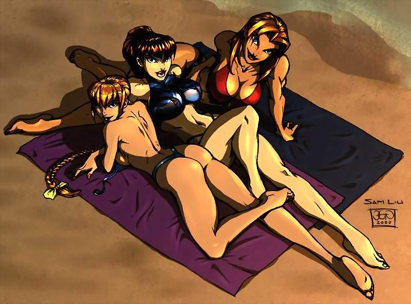 sam liu, kasumi (doa), tina armstrong, dead or alive, character request, 00s, 2000, 3girls, arm support, ass, barefoot, beach, beach towel, bikini, blue bikini, bow, braid, breasts, brown hair, cleavage, collarbone, hair bow, jewelry, large breasts, long hair, looking at viewer, lying, multiple girls, necklace, ocean, ponytail, red bikini, sand, short hair, single braid, smile, swimsuit, topless female, towel, unworn bikini top, water, yellow bow