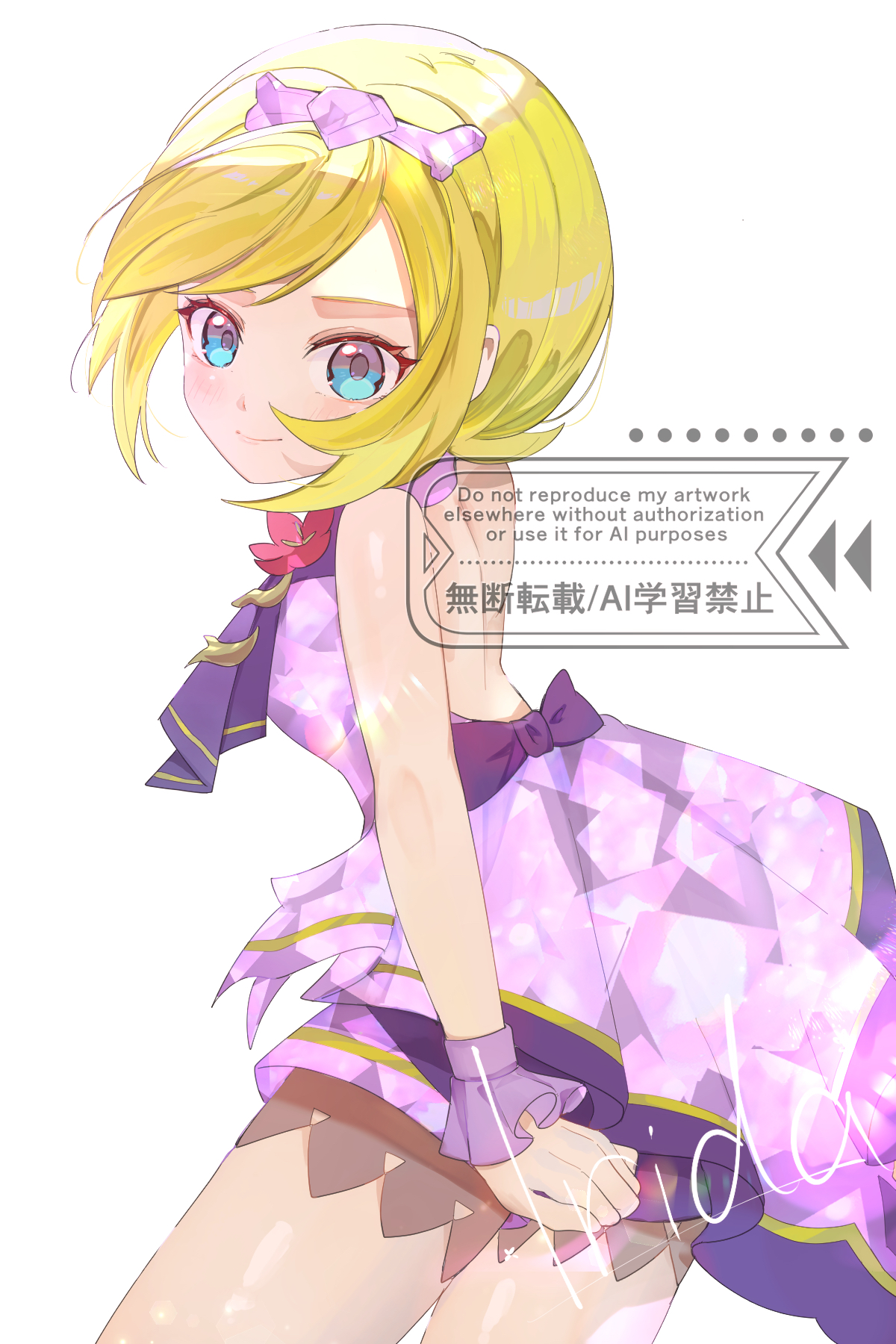 tonbo (tonbo63194), irida (anniversary 2025) (pokemon), irida (pokemon), nintendo, pokemon, pokemon masters ex, highres, 1girl, blonde hair, blue eyes, character name, closed mouth, dress, eyelashes, hair ornament, looking at viewer, neckerchief, official alternate costume, purple dress, purple neckerchief, short hair, sleeveless, sleeveless dress, smile, solo, white background