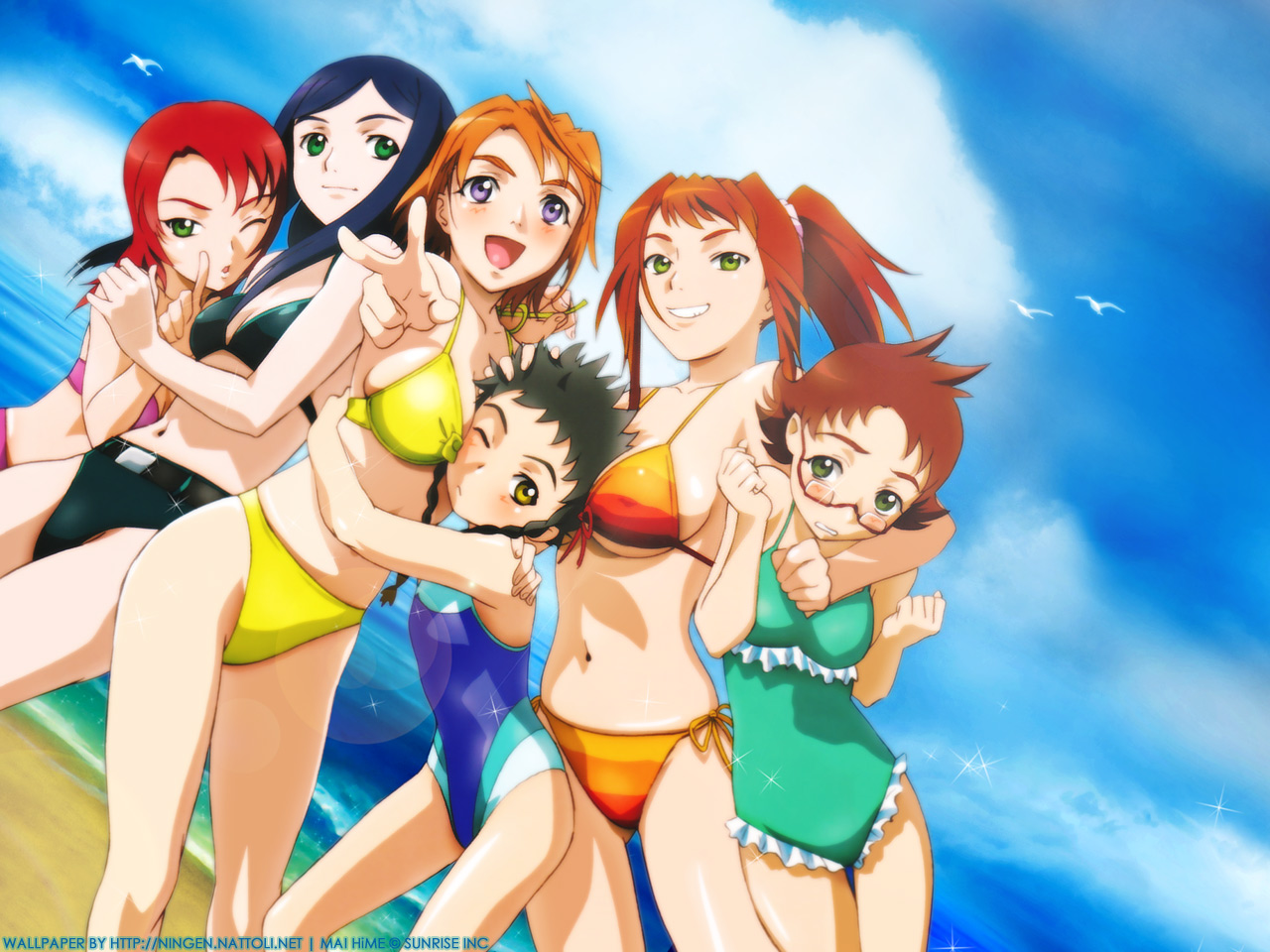 tagme, 6+girls, beach, bikini, breasts, cloud, cowboy shot, female focus, multiple girls, navel, ocean, outdoors, sky, standing, swimsuit