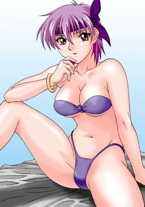 ayane (doa), dead or alive, tecmo, bikini, headband, purple hair, red eyes, sitting, swimsuit