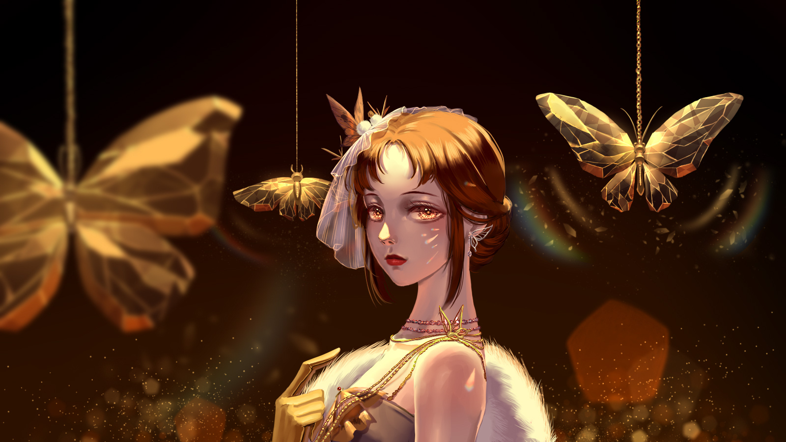 nikki (series), shining nikki, character request, check character, chinese commentary, commentary request, highres, 1girl, aqunaqunyingfen, bare shoulders, black background, brown hair, butterfly choker, butterfly hair ornament, closed mouth, dress, fur shawl, gloves, grey dress, hair bun, hair ornament, hand on own chest, light particles, lipstick, makeup, pom pom (clothes), pom pom hair ornament, red lips, shawl, short hair, single hair bun, solo, strapless, strapless dress, stylist (nikki), upper body, white shawl, yellow eyes, yellow gloves