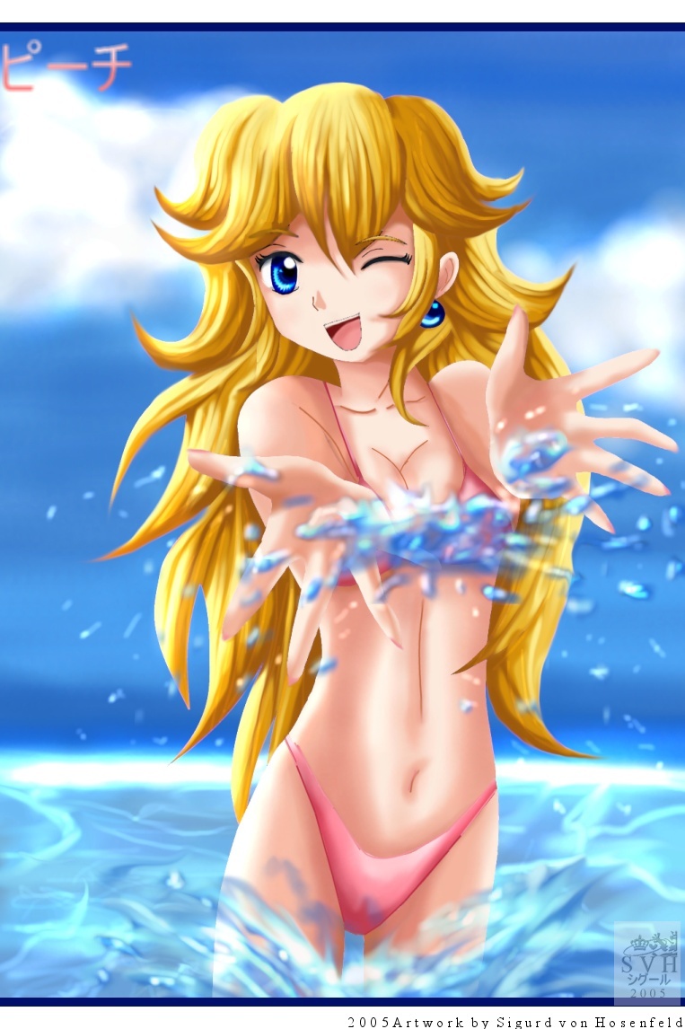 sigurd hosenfeld, princess peach, mario (series), nintendo, 00s, 1girl, 2005, bikini, blonde hair, blue eyes, breasts, cleavage, cloud, collarbone, earrings, jewelry, long hair, looking at viewer, medium breasts, navel, ocean, one eye closed, open mouth, pink bikini, sky, smile, splashing, standing, swimsuit, teeth, wading, water, wink