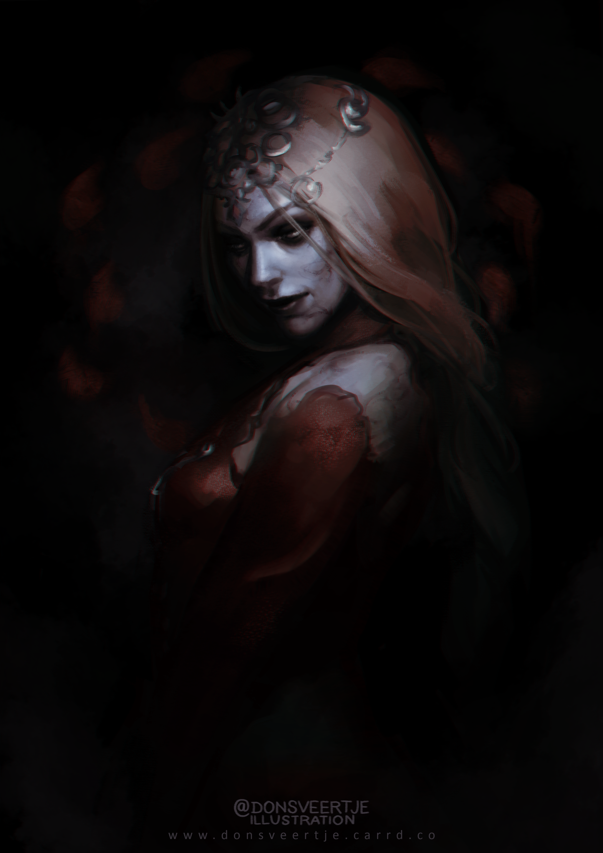 orin the red, baldur's gate, baldur's gate 3, dungeons & dragons, dungeons & dragons, absurdres, highres, 1girl, artist name, black background, black eyeshadow, black lips, blonde hair, braid, circlet, dark, detached sleeves, donsveertje, eyeshadow, headpiece, long hair, low-braided long hair, low-tied long hair, makeup, realistic, single braid, solo, upper body, watermark