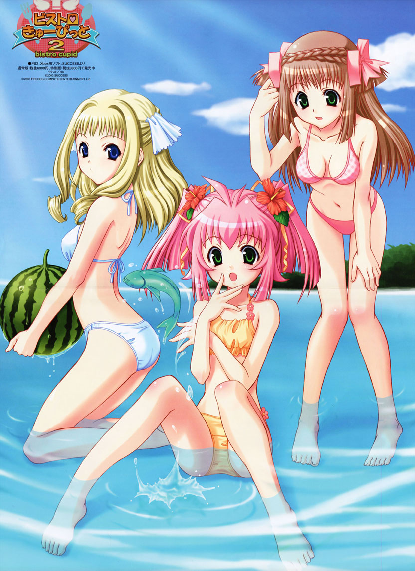 pandaki (aki), celery periwinkle, cherry maple, sorrel nasturtium, bistro cupid, bistro cupid (series), bistro cupid 2, hal, scan, 00s, 2003, 3girls, animal, barefoot, bikini, blonde hair, blue bikini, blue eyes, braid, breasts, brown hair, cleavage, cloud, collarbone, crease, crown braid, feet, fish, flower, food, fruit, green eyes, hair ribbon, hibiscus, holding, holding food, holding fruit, leaning forward, light rays, long hair, looking at viewer, medium breasts, melon, multiple girls, ocean, open mouth, orange bikini, pink bikini, pink hair, red hair, ribbon, sitting, sky, sparkle, standing, sunbeam, sunlight, swimsuit, twintails, watermelon, white bikini, yellow bikini